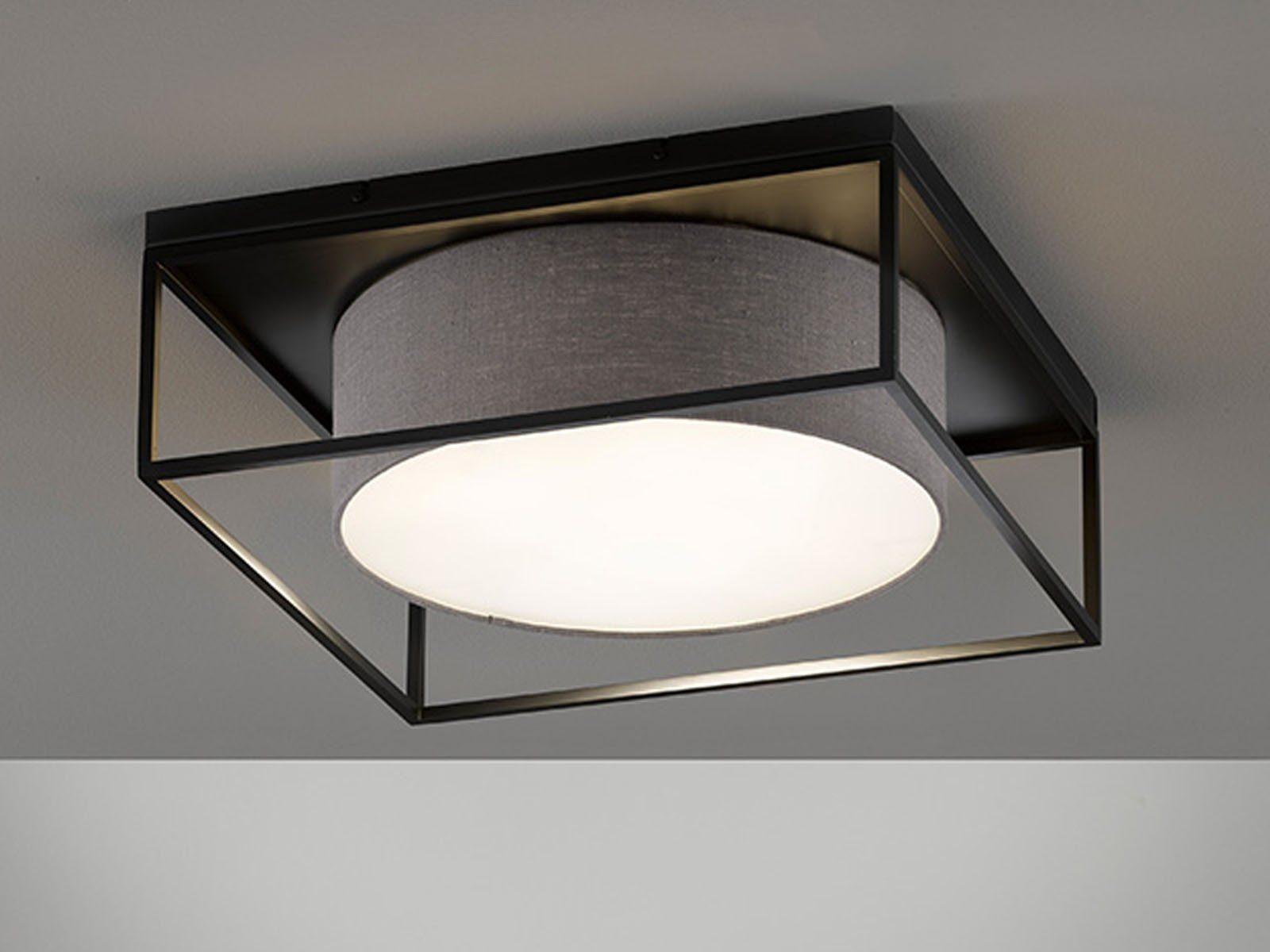 FISCHER & HONSEL LED Deckenleuchte, Dimmfunktion, LED wechselbar, Warmweiß, quadratisch 50x50cm groß, Schwarz mit Lampenschirm Leinen-Stoff Grau