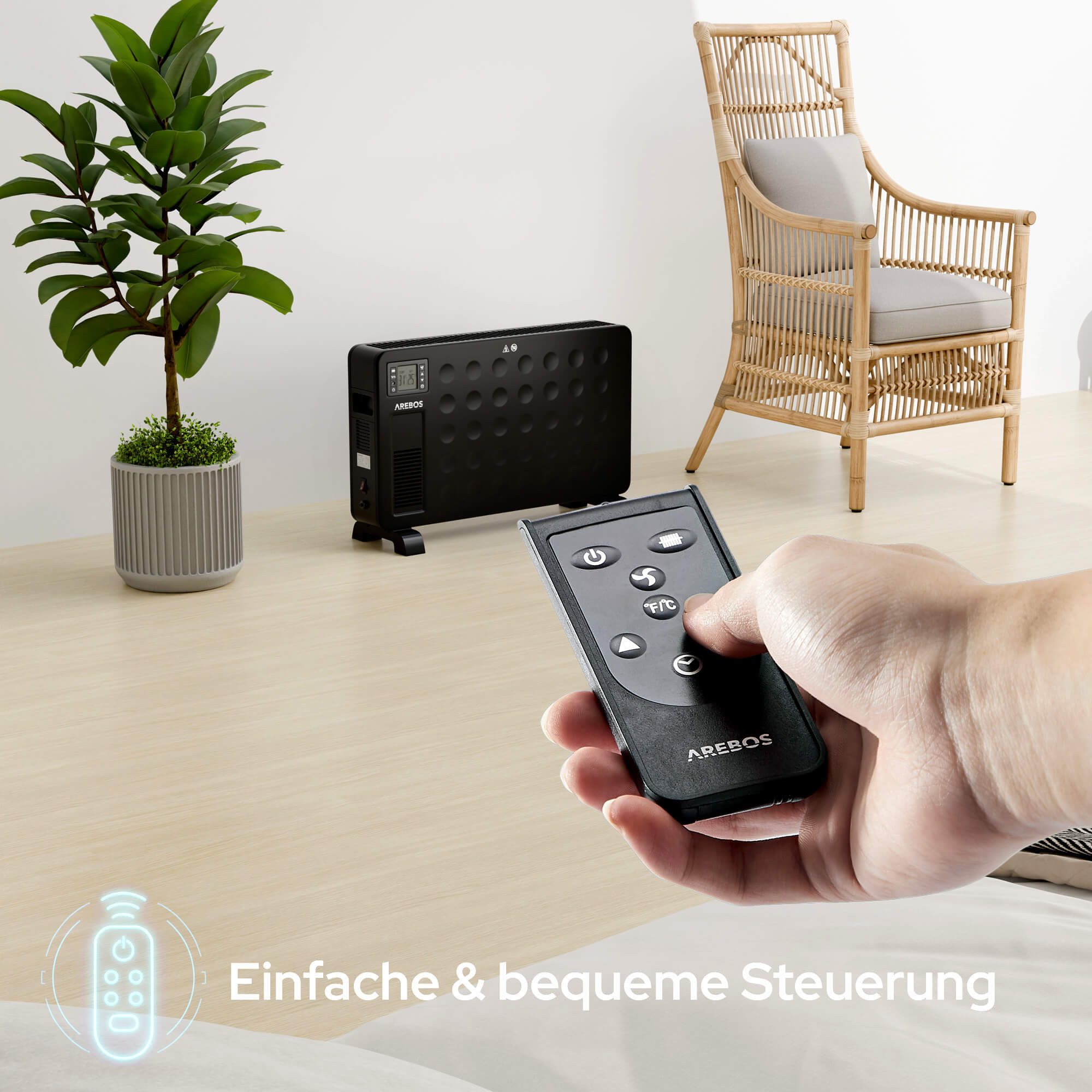 Arebos Konvektor 2300 W 3 Heizstufen, integriertes Thermostat, Inkl. Fernbedienung, Überhitzungsschutz, LCD-Display Timer mobiles Heizgerät