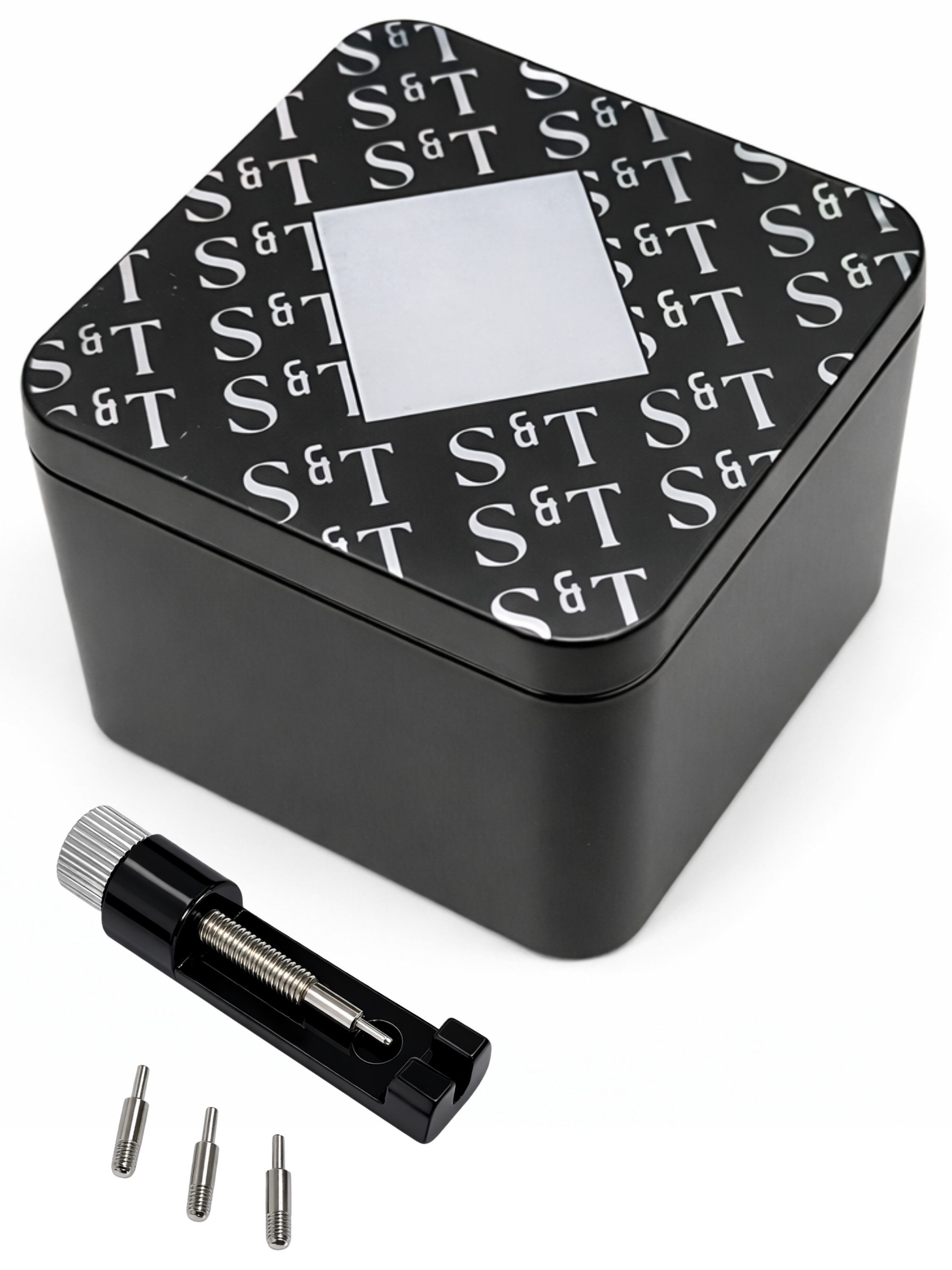 S&T Design Uhrenbox Uhrenetui Uhrenbox mit Uhren Werkzeug Armbandkürzer Metall Geschenkbox (1 St), Aluminium Uhrendose mit Werkzeugset für Armbanduhren kürzen