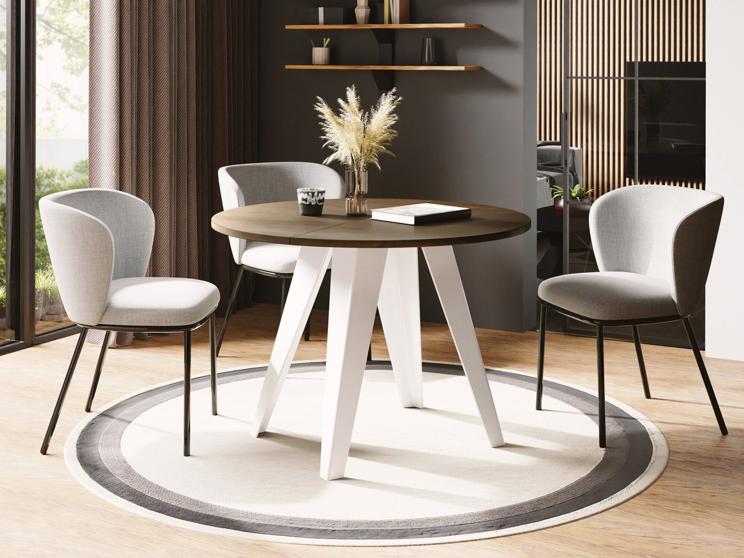 WFL GROUP Esstisch Griffin ausziehbar rund industrial mit weißen Metallgestell (MADE IN EU, erhältlich in zwei Größen – 90/100 cm, ausziehbar auf 130/140 cm), platzsparender Tisch für kleine Küche, Esszimmer oder Wohnzimmer