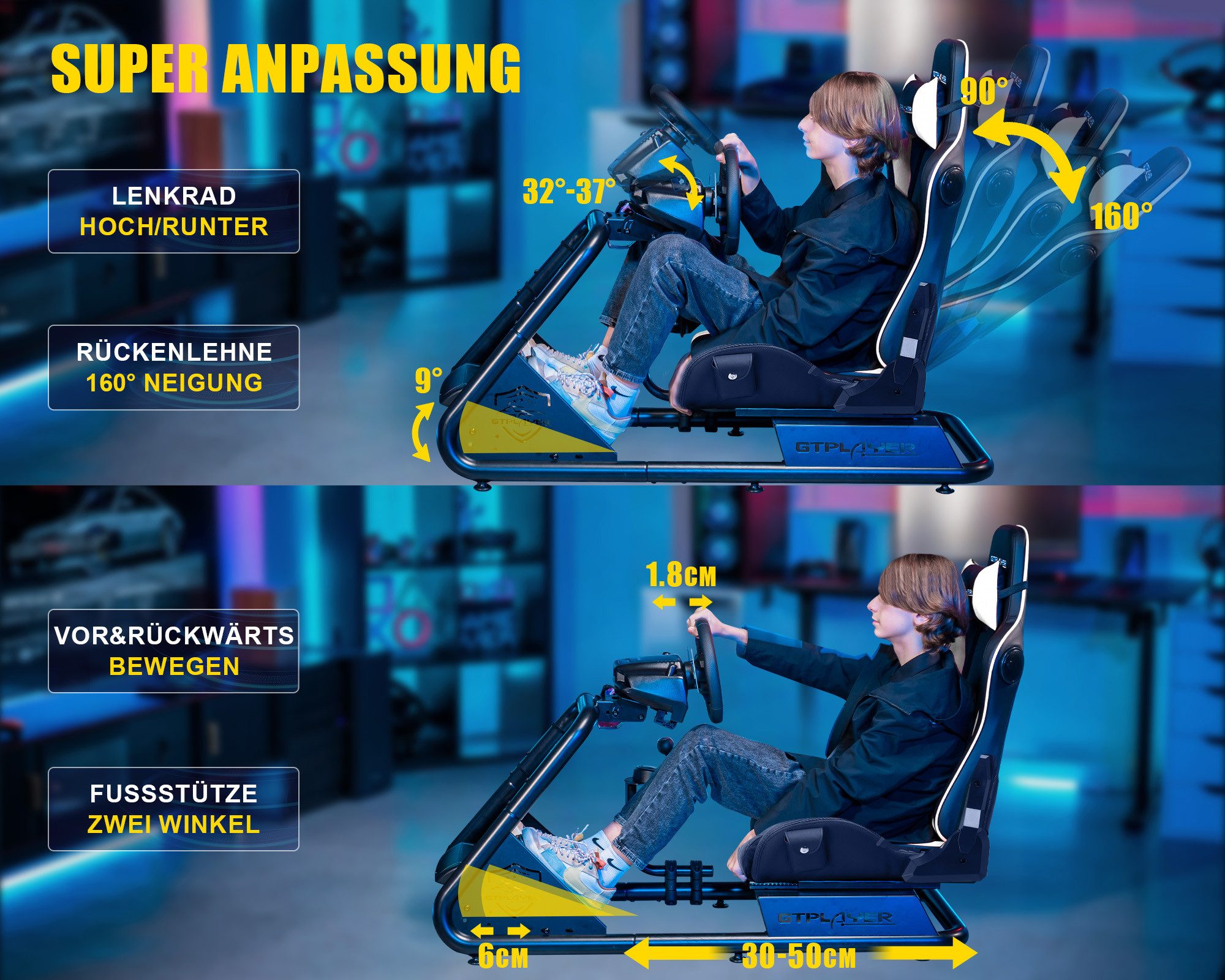 GTPLAYER Simulator Cockpit, sim racing cockpit racing wheel stand Controller (mit Bluetooth-Lautsprecher und Pedalablage)