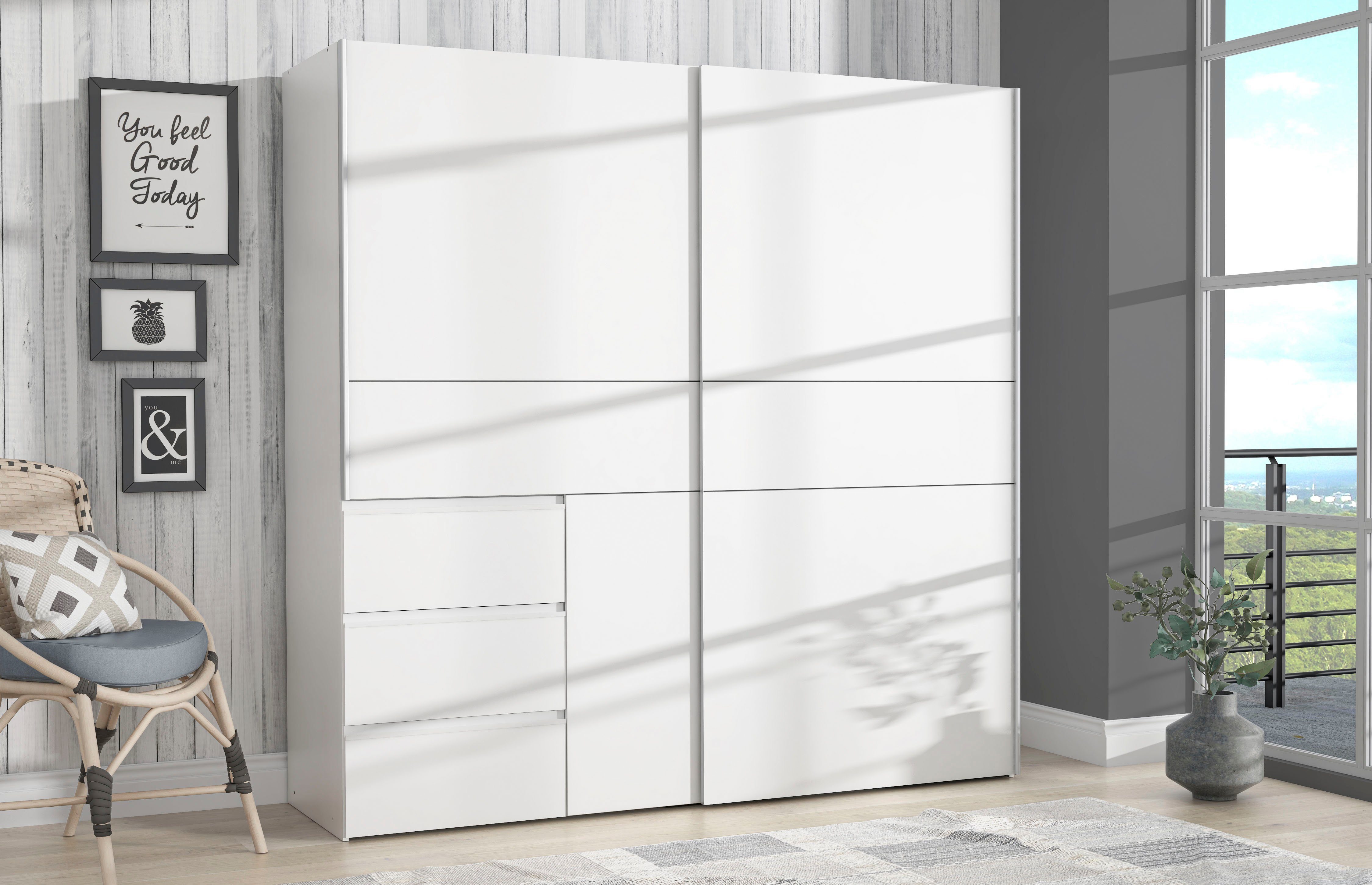 Schwebetürenschrank Winn, Schiebetürenschrank mit 3 Schubladen, Made in Europe
