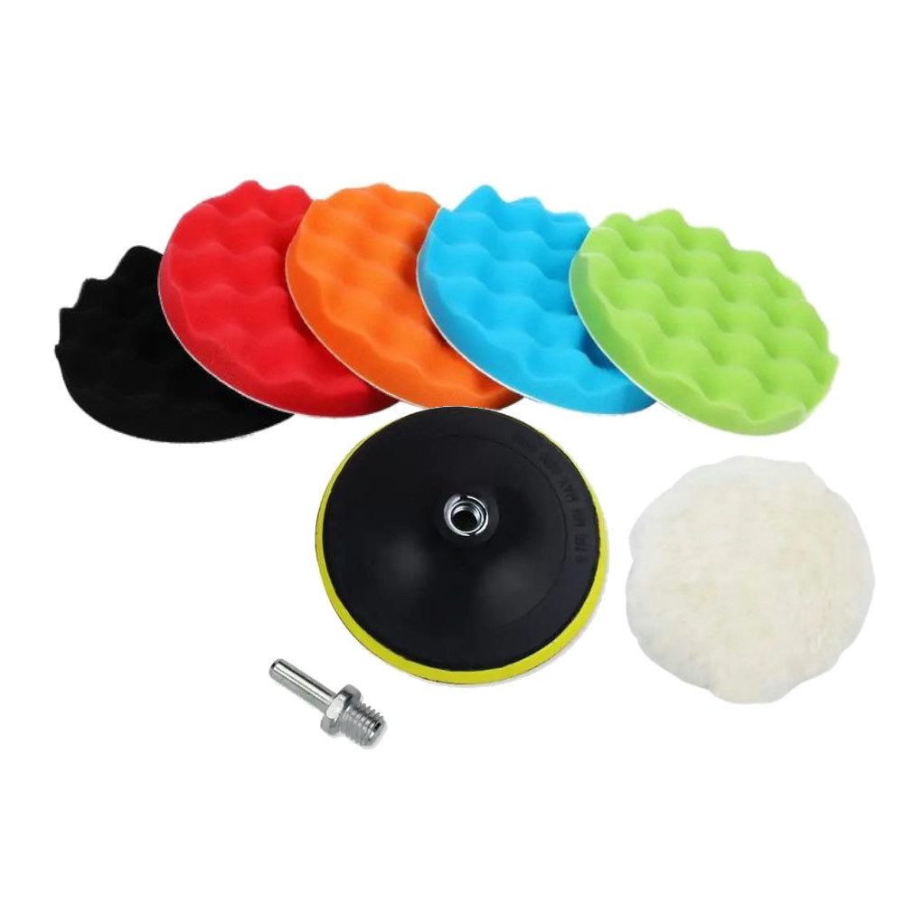 Trade-Shop Polierschwamm 8in1 Set Ø125mm für Poliermaschine / Winkelschleifer mit M14 Aufnahme, (8 St), Set: 5x Polierschwamm, 1x Polierfell, 1x Stützteller, 1x M14 Adapter