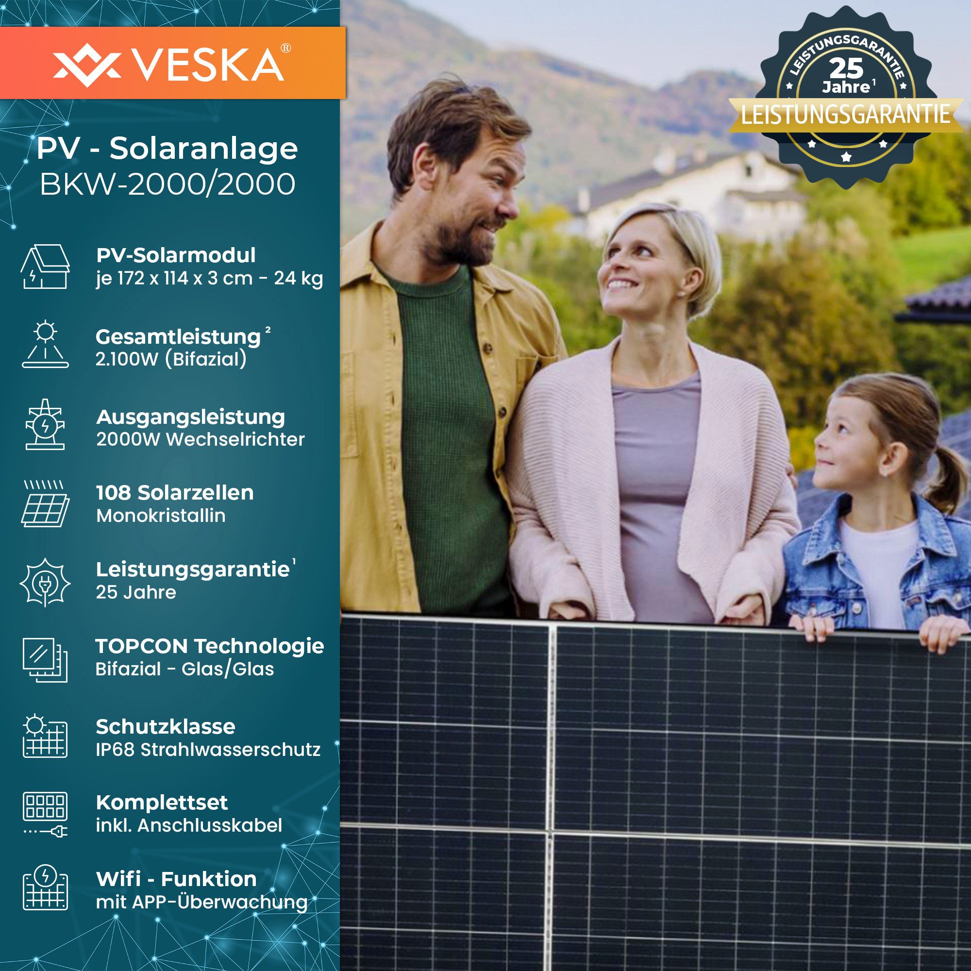 VESKA Solaranlage Balkonkraftwerk 2000 Watt Photovoltaik PV Anlage, 2000,00 W, Monokristallin, (Komplettset, Schwarz WIFI), Bifazial, Glas/Glas, TOP-CON, N-TYPE, Antireflexbeschichtung