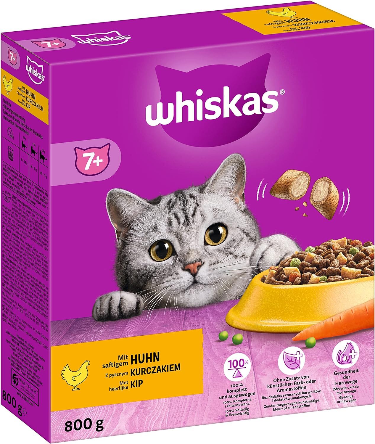 Whiskas WHISKAS® Karton Trocken 7+ mit Huhn 800g, Trockenfutter für: Katze