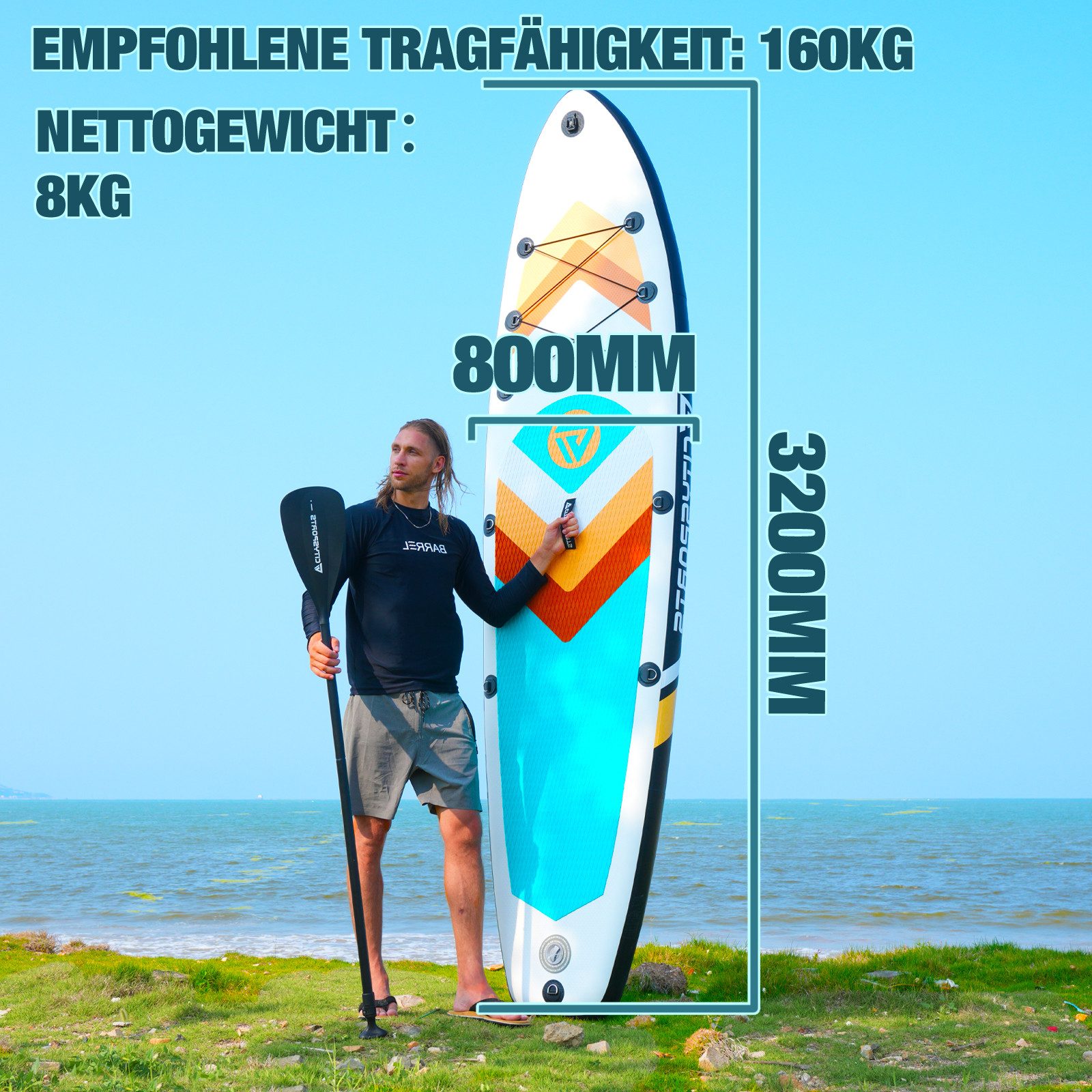 CITYSPORTS Stand Up Paddle Set 320x80x15 cm bis zu 160kg SUP-Board SUP-Paddel, Aufblasbar Stabil Leicht Komplett Set Tragetasche Paddel