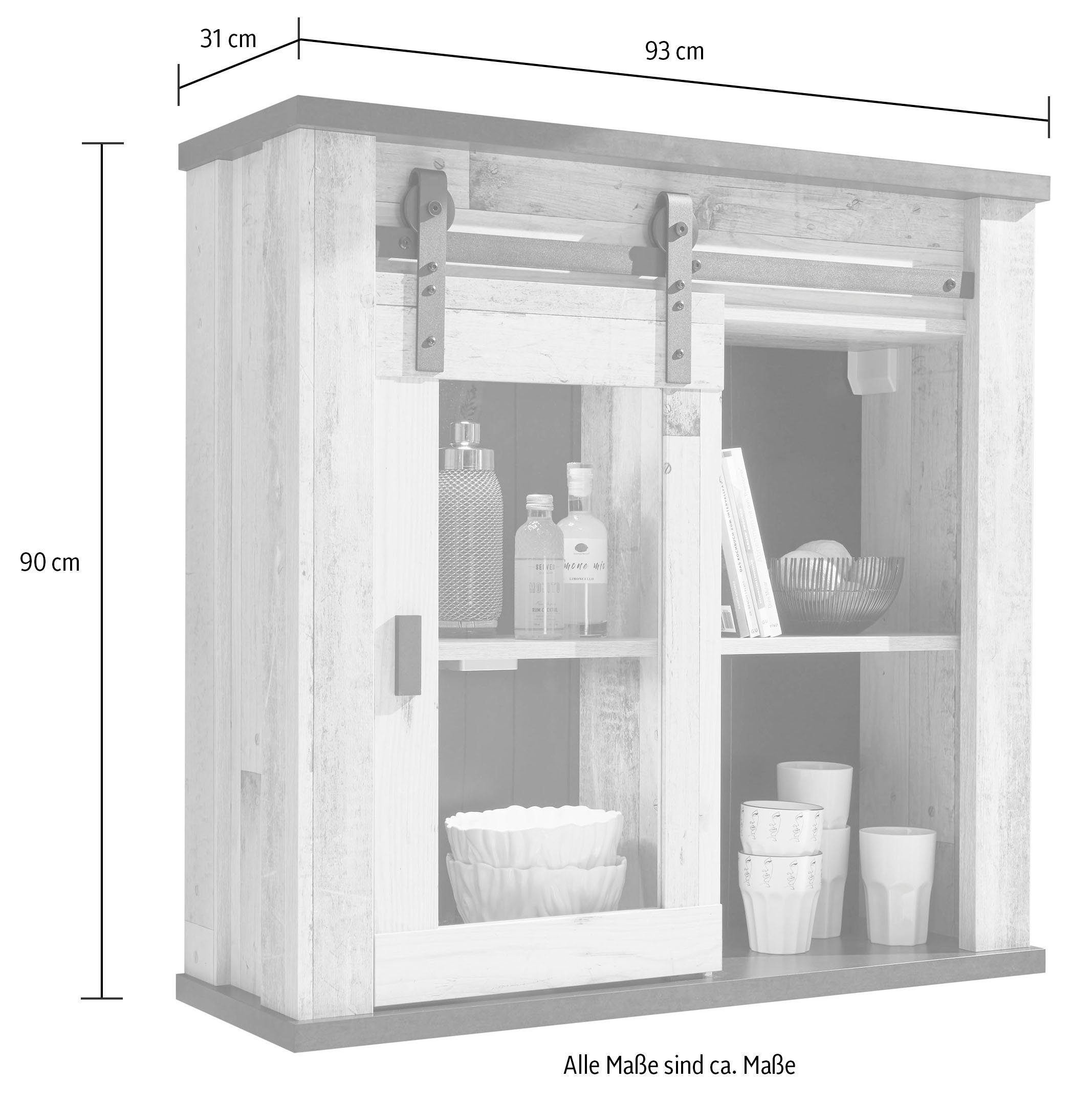 Home affaire Hängeschrank cm hell Sherwood Höhe Metall, Scheunentorbeschlag Old mit Dekor 90 Style aus