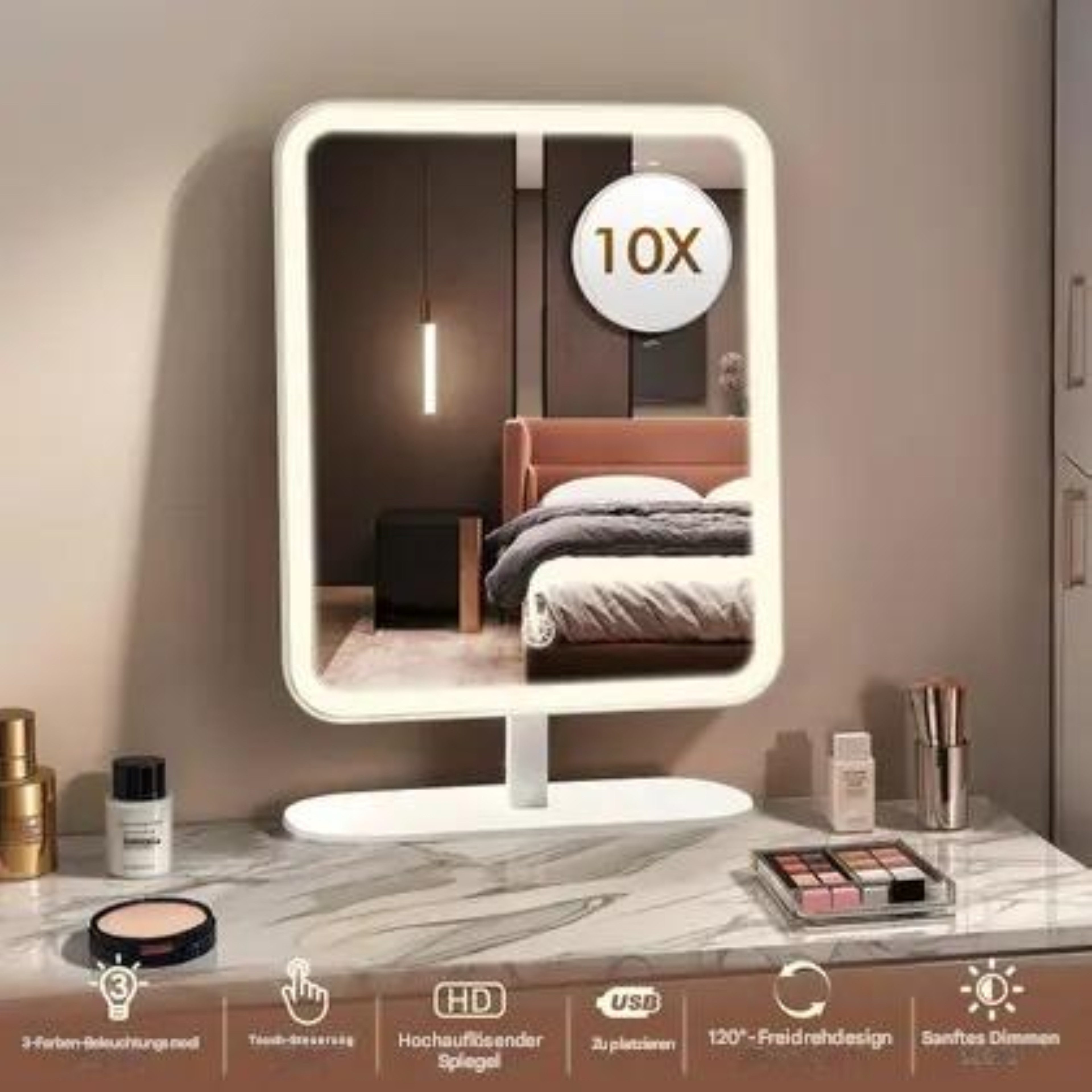 LA CUTE Schminkspiegel LED-Kosmetikspiegel 5X Vergrößerung Touch USB-C dimmbar (Einzelset LED-Schminkspiegel mit Akku, 120° verstellbar, tragbar, Komplettset: LED-Spiegel mit 5X Zoom, USB-C Ladekabel, Anleitung), 5-fache Vergrößerung mit LED-Licht und Touch-Steuerung