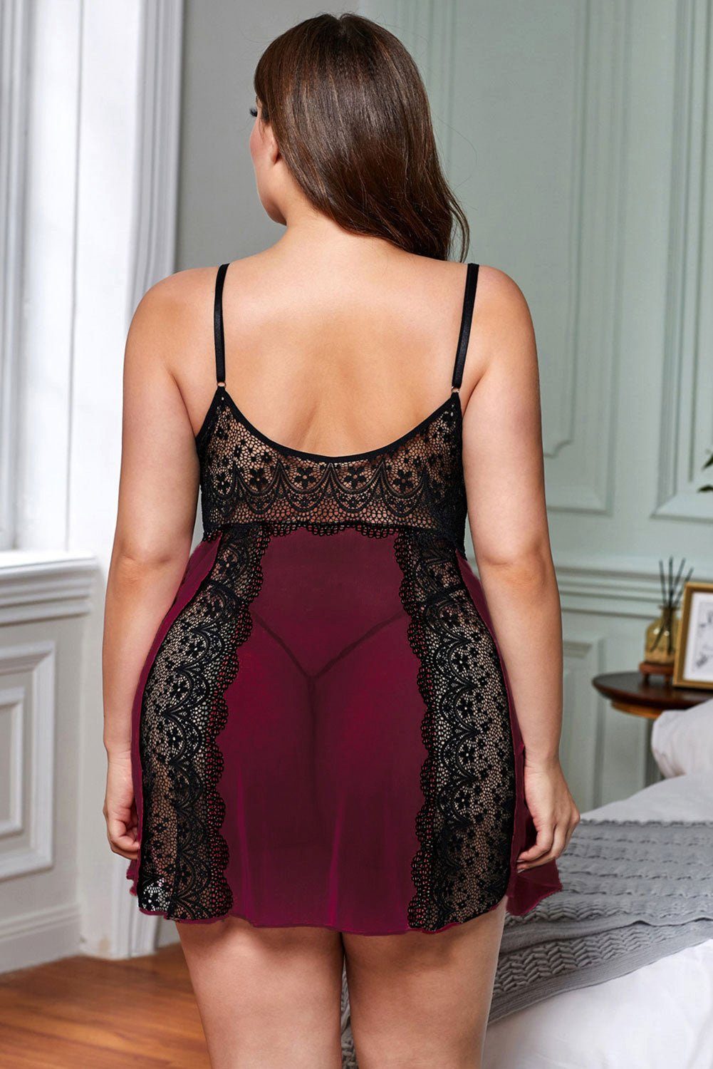 Organza Lingerie Negligé (Negligé + String) Plus Size mit toller Passform und Spitzendetails, Dessous große Größen