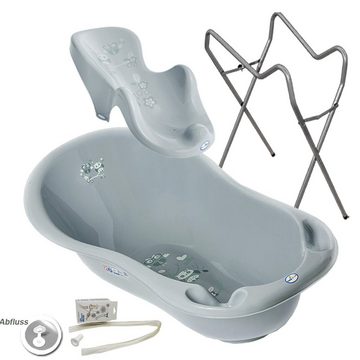 Tega-Baby Babybadewanne 3 Teile SET AB -EULE + Ständer Grau - Abflussset Baby Wanne, (Premium.set Made in Europe), Wanne+ Badesitz+ Ablauf Set + Ständer
