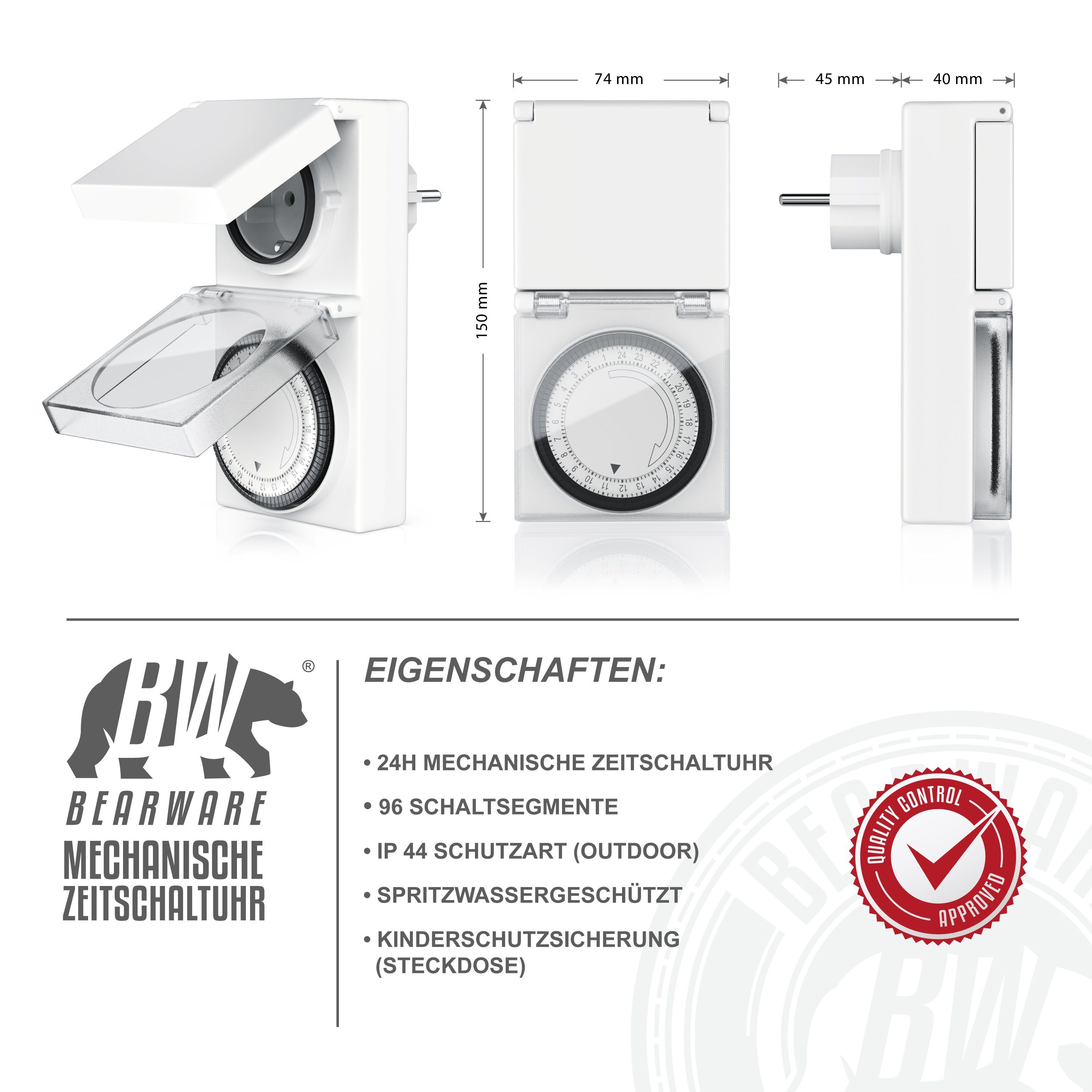 BEARWARE Zeitschaltuhr Mechanischer Outdoor Timer, 96 Segmente, für Innen & Außen, 3680W, mechanisch, 2-St., 15-Min-Intervalle, spritzwassergeschützt, dt. Anleitung