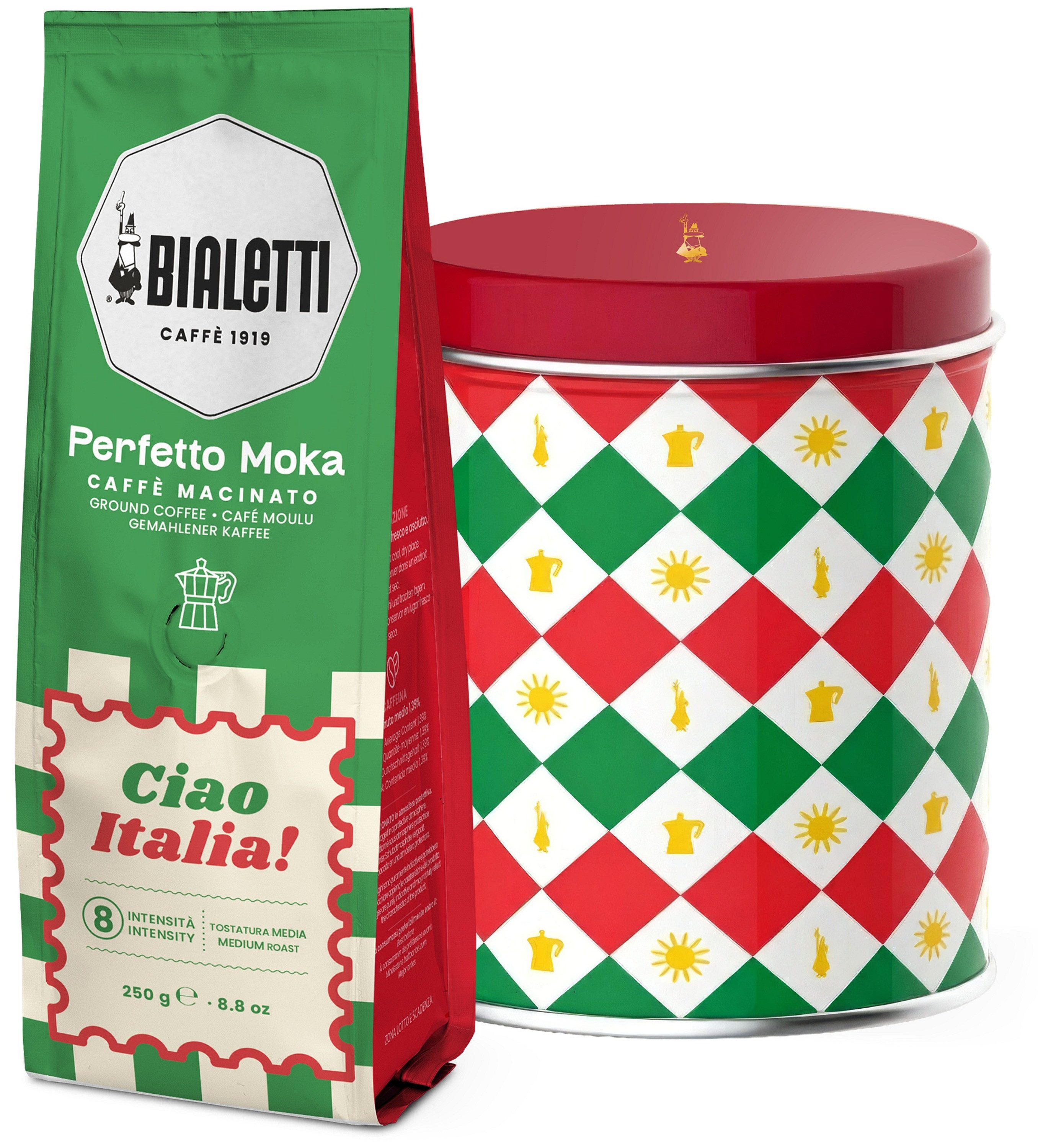 BIALETTI Kaffeedose BIALETTI Design Kaffeedose mit Perfetto Moka Classico 250g Ciao, Material: Metall, (Kaffee-Dose inkl. 250 g Kaffee)