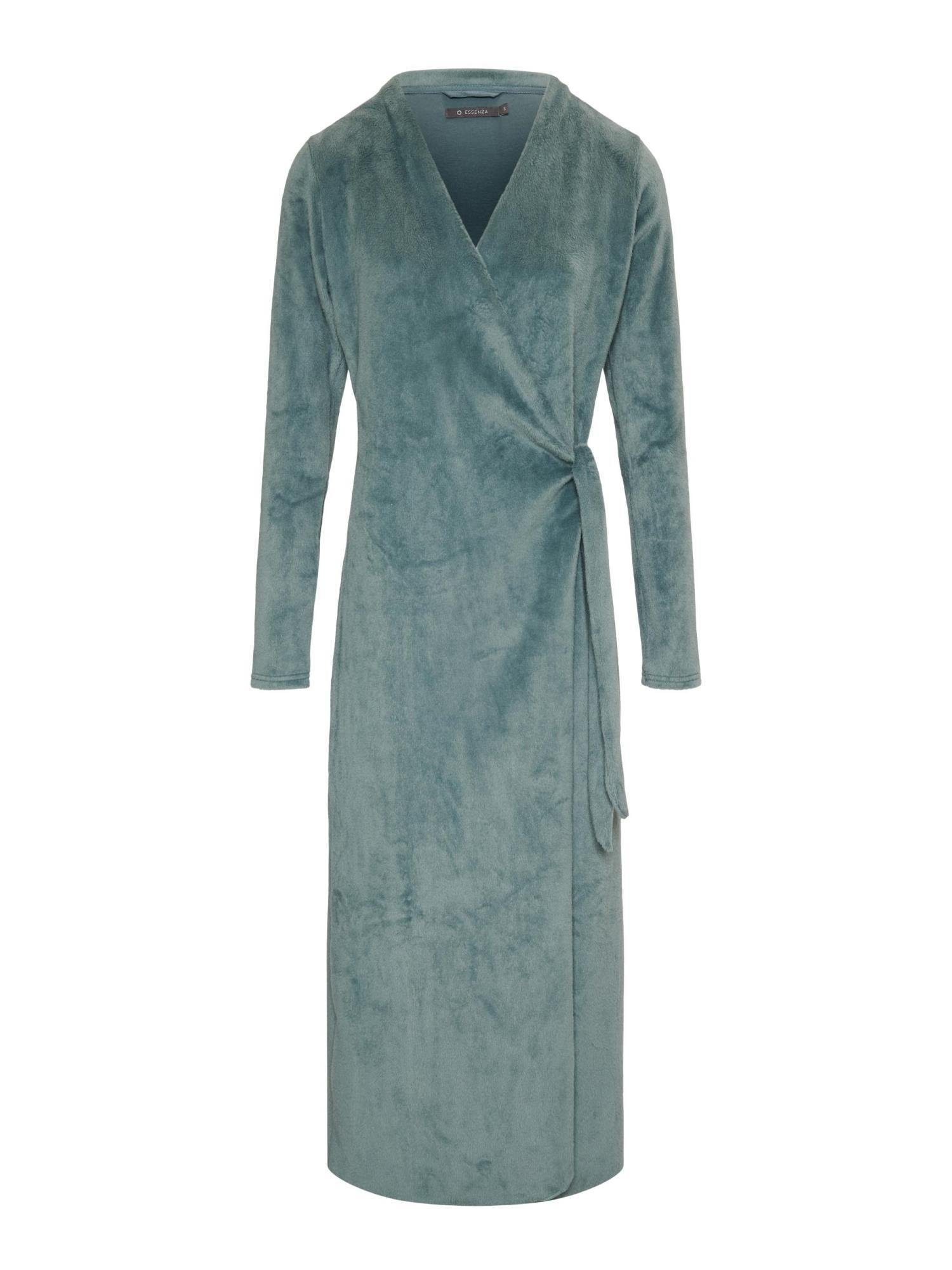 Essenza Damenbademantel Vera Uni, Langform, Baumwoll-Mix, Kimono-Kragen, Gürtel, aus einem samtweichen Polyester-Baumwoll-Mix in Uni-Farben Denim