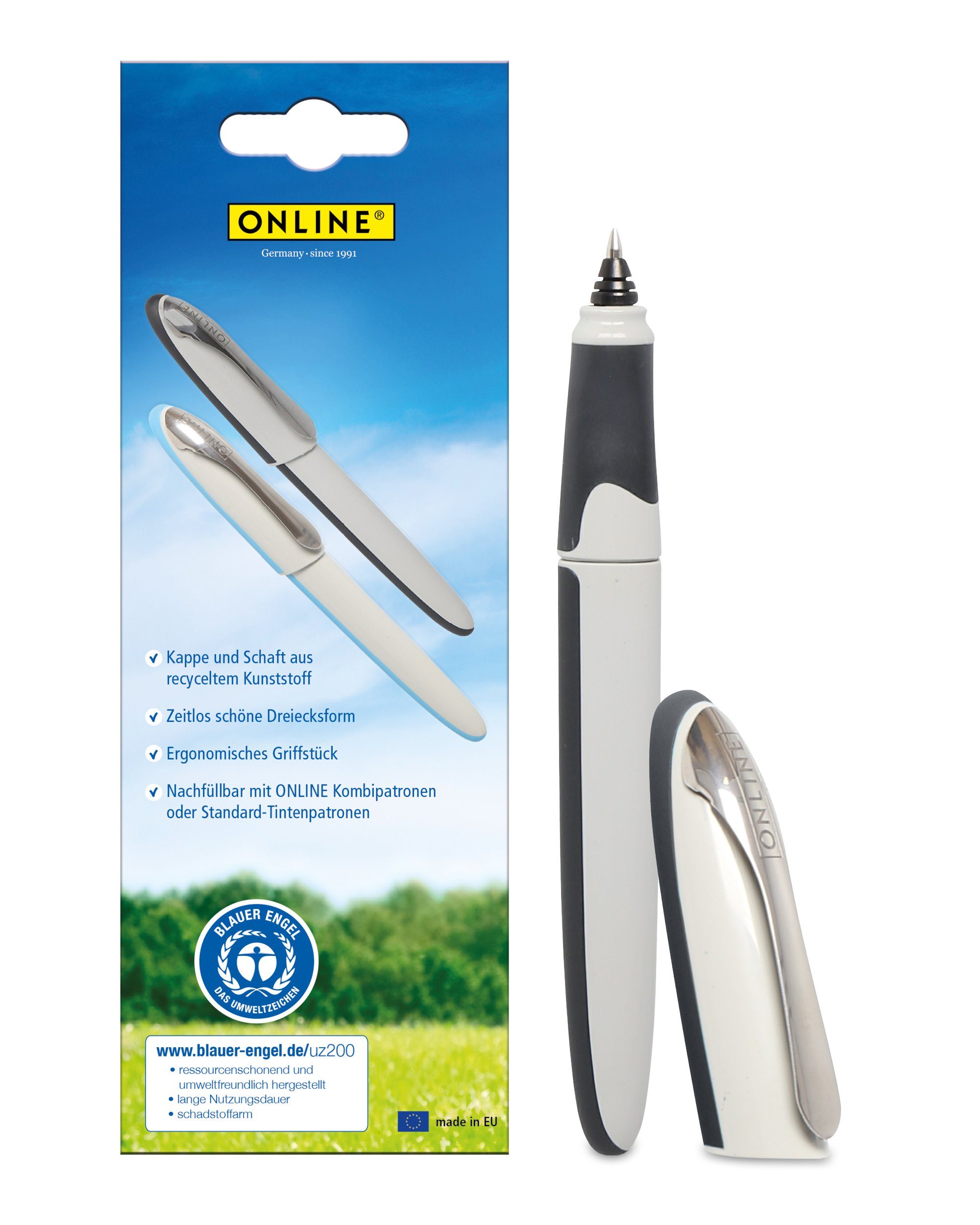 Online Pen Tintenroller Rollerball Air, ergonomisch, Blauer Engel Zertifiziert, ideal für die Schule Grau | Tintenroller