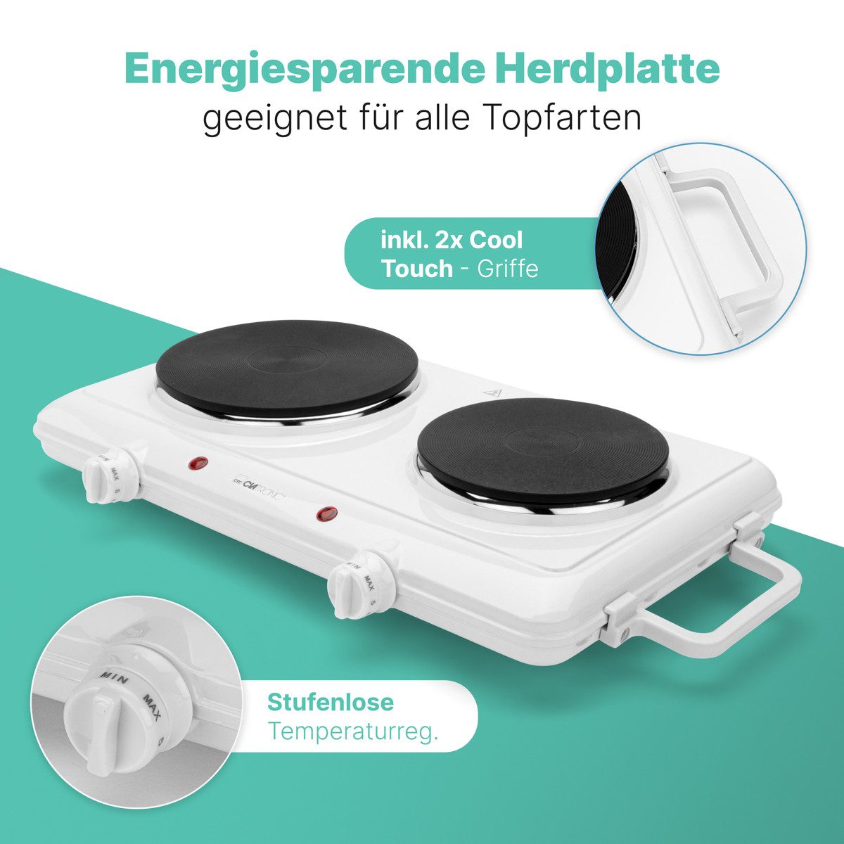CLATRONIC Doppelkochplatte DKP 3583, für Camping, Küche, Büro, Ø ca. 180 mm & 150 mm