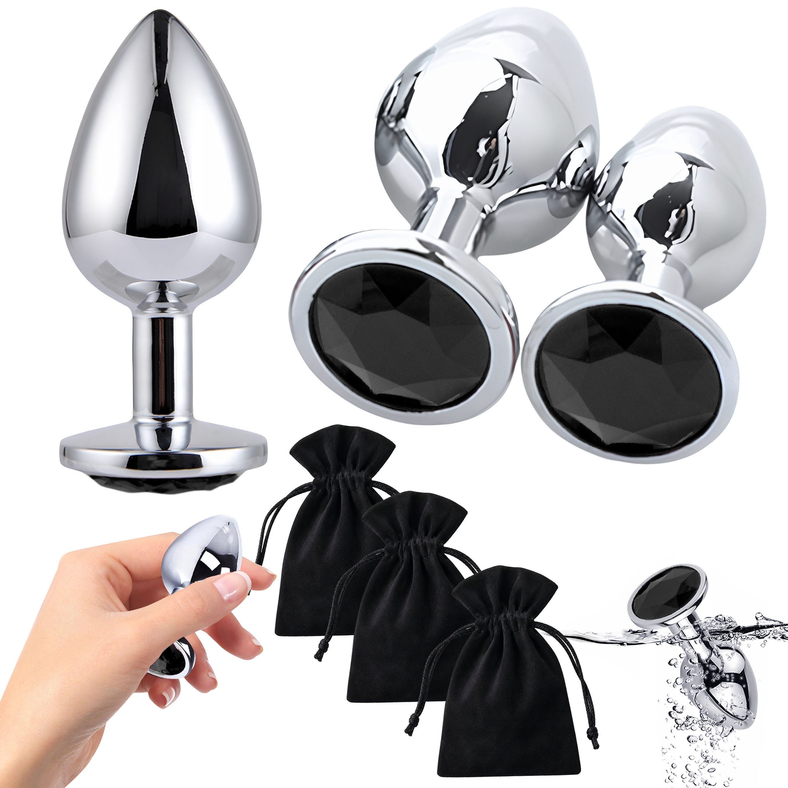 Sarcia.eu Beckenbodentrainer Beckenboden-Massageset aus Metall, 3 Größen S/M/L, schwarzer Kristall, 3-tlg.