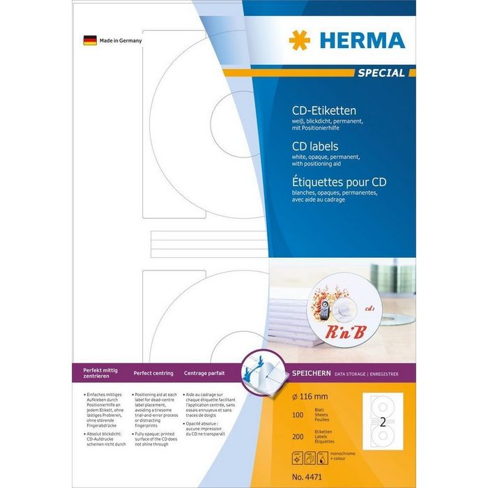 HERMA Formularblock HERMA CD-Etiketten A4 weiß 116 mm Papier opak 200 St.