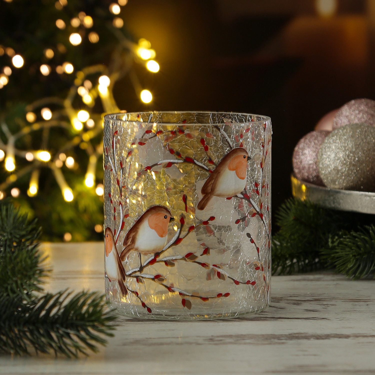 MARELIDA Windlicht Teelichthalter ROTKEHLCHEN Teelichtglas Bruchglas H: 13cm D: 11,5cm