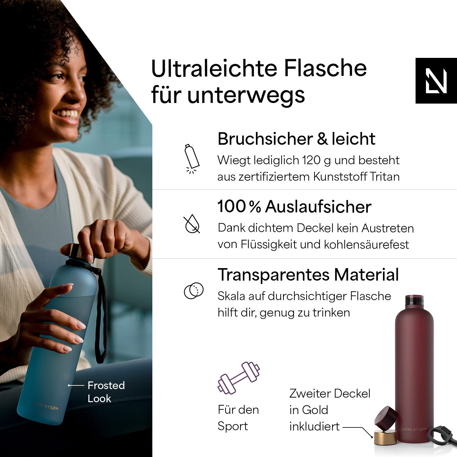 LARS NYSØM Trinkflasche Blæst, Trinkflasche mit Hydrationsskala und Trageschlaufe