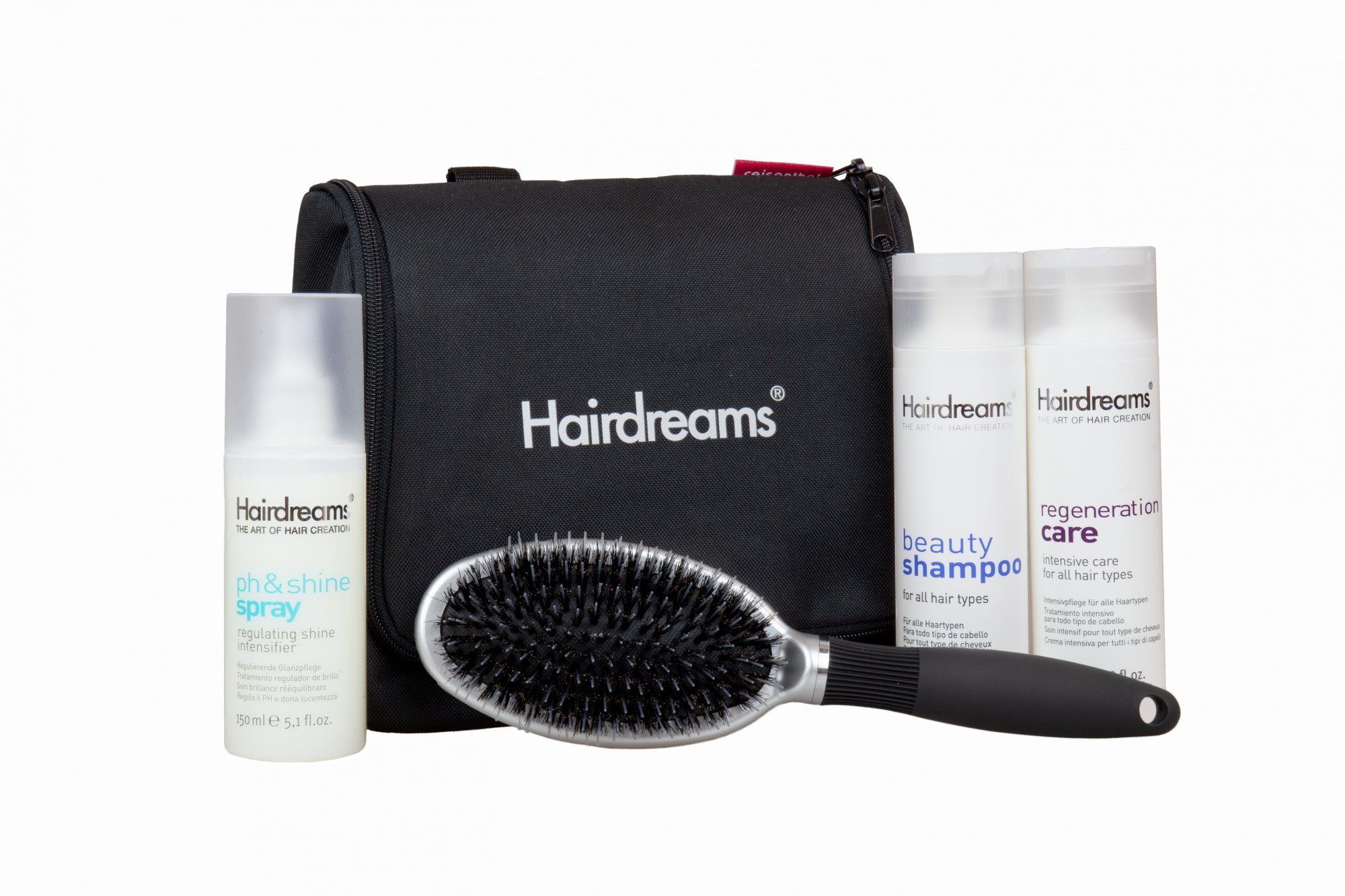 Hairdreams Haarpflege-Set 3 Volume Care, Haare Shampoo, Set Regeneration Spray, Bürste, Set 5-tlg., Home Hairdreams mit Echthaarverlängerungen, ph&shine Tasche für mit Volumenshampoo, Care