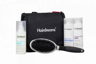 Hairdreams Haarpflege-Set Hairdreams Home Care Set 3 mit Volume Shampoo, 5-tlg., Set für Haare mit Echthaarverlängerungen, Volumenshampoo, ph&shine Spray, Regeneration Care, Bürste, Tasche
