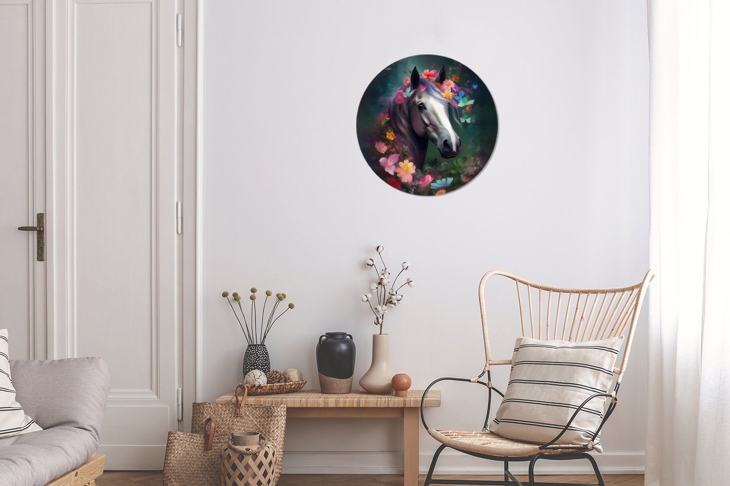 MuchoWow Gemälde Tiere, Pferd Wanddekoration - - Wohnzimmer, (1 Rundes St), Forex, - Wandbild, Wald - cm Natur Blumen Kreis 30x30