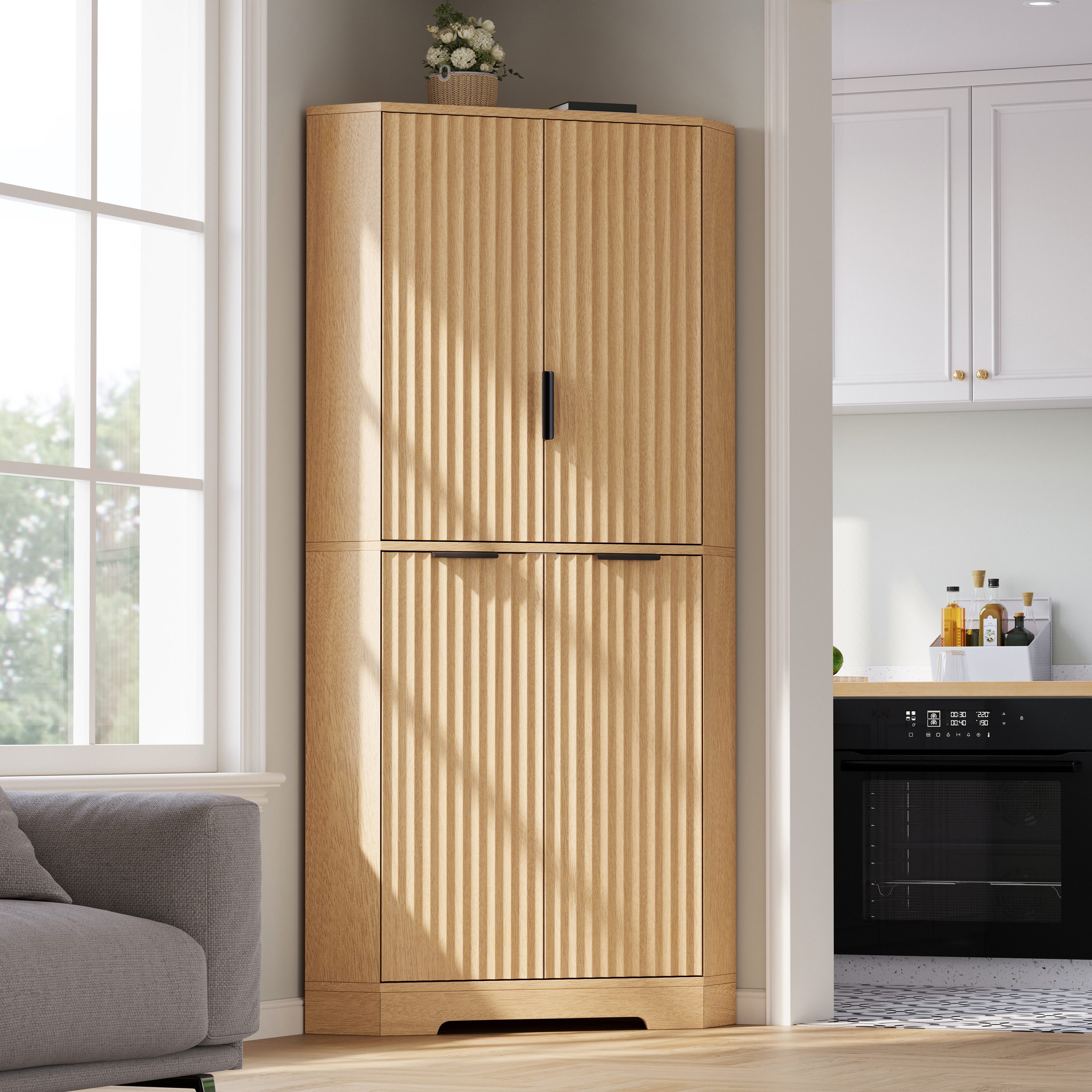 Flieks Eckschrank multifunktionaler Hochschrank mit 4 Türen, verstellbaren Einlegeböden (60×60×172 cm, 1-St., Schrank für Esszimmer, Wohnzimmer, Schlafzimmer, Badezimmer) Eckkommode Mehrzweckschrank Badkommode mit 4 Fächern Natur