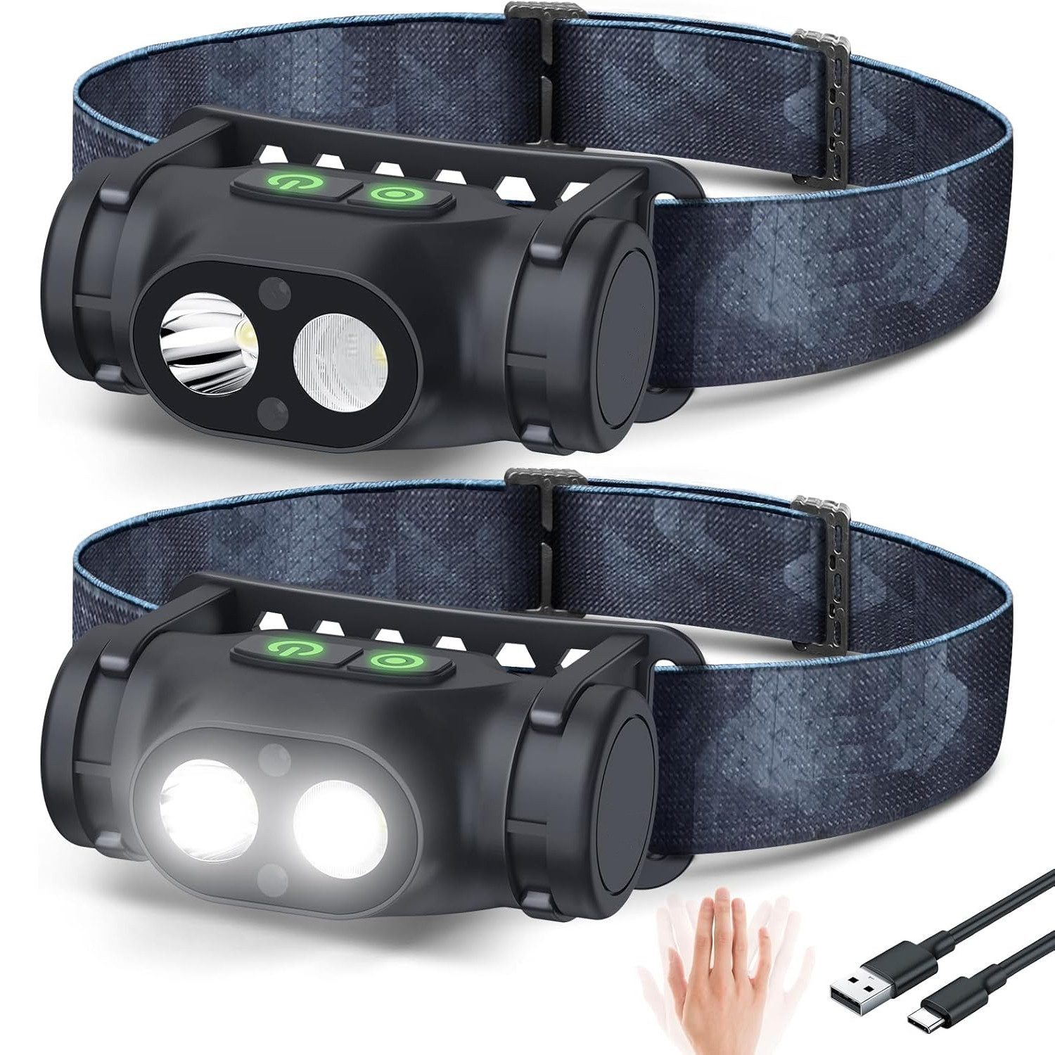 TUWENA LED Stirnlampe Wiederaufladbar Kopflampe Aufladbar Dimmbar 3 Lichtmodi Sensor Magnet (2-St), Wasserdicht Stirnleuchte LED für Wandern Angeln USB-C