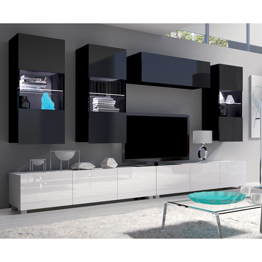 Lomadox Wohnwand CAIRNS-132, (6-St., Stauraumschrank Lowboards), in schwarz & weiß Hochglanz, inkl. LED-Beleuchtung, grifflos