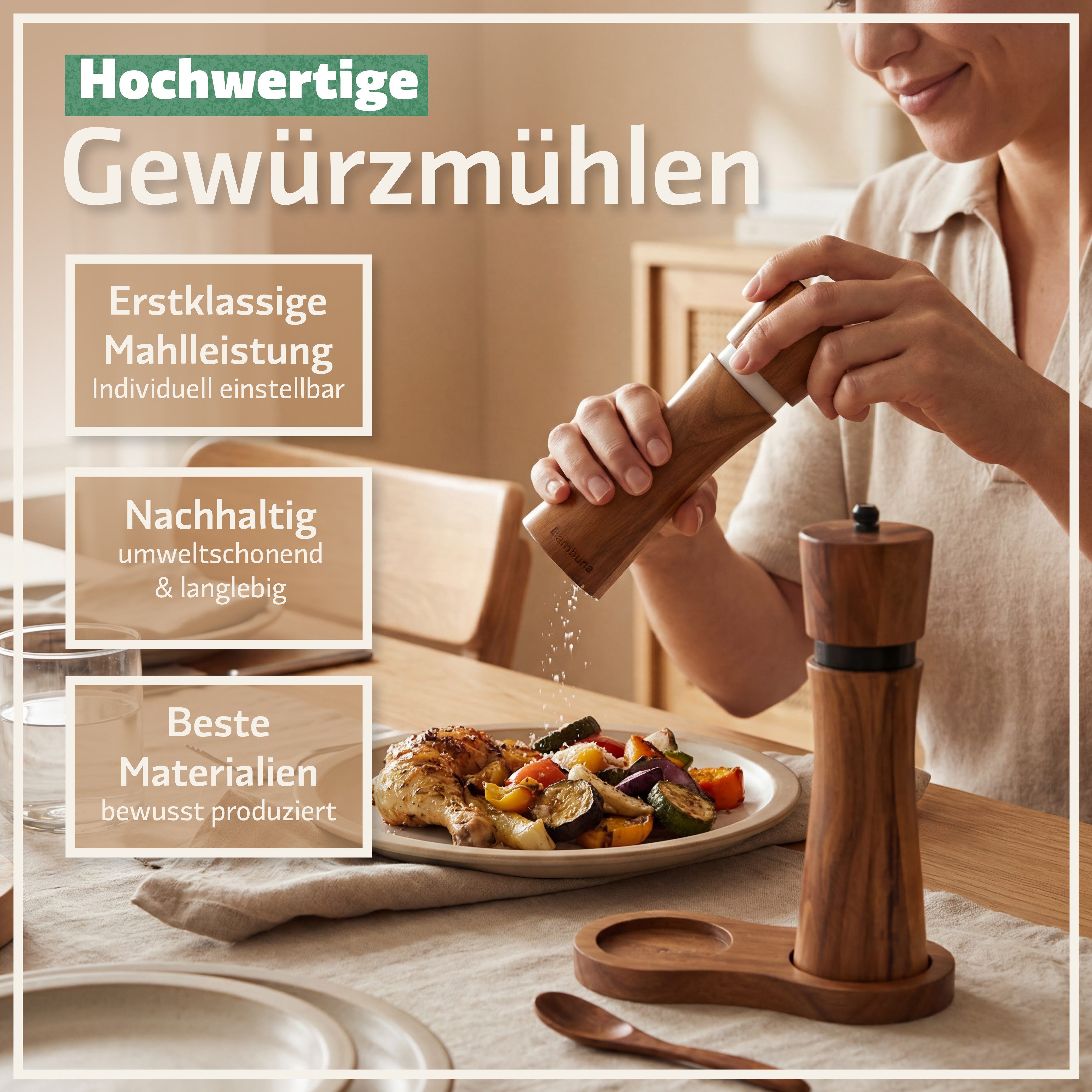 Bambuna Salz-/Pfeffermühle Pfeffermühlen Set aus Holz, Große Gewürzmühlen (22cm) aus Akazienholz manuell, Precision+ Keramikmahlwerk, hochwertige Geschenk- Box  – Bild 2 von 5