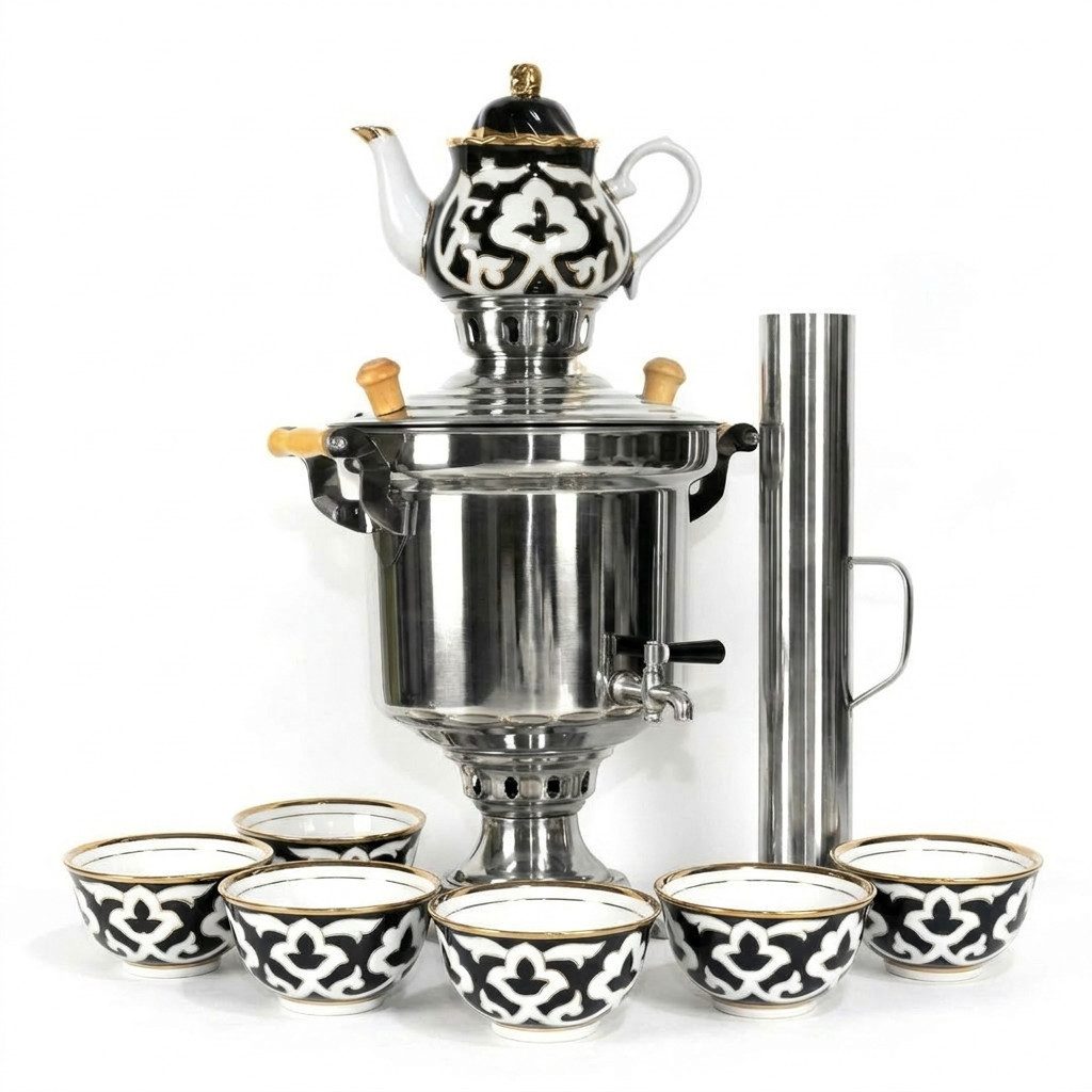 BIG-PAN Wasserkessel Samowar 5 L Samovar Edelstahl Schornstein Teeservice Pahta Usbekisch, Edelstahl (Holzfeuer-Samovar Usbekisch, Teekocher Teemaschine), Tea Maker with Chimney