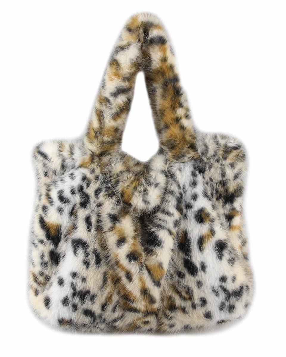 ITALYSHOP24 Schultertasche XXL Damen Leopard Print Tasche PELZTASCHE Shopper Tote Bag Handtasche, Leo Umhängetasche Teddytasche Plüsch Felltasche Weekender Kunstpelz