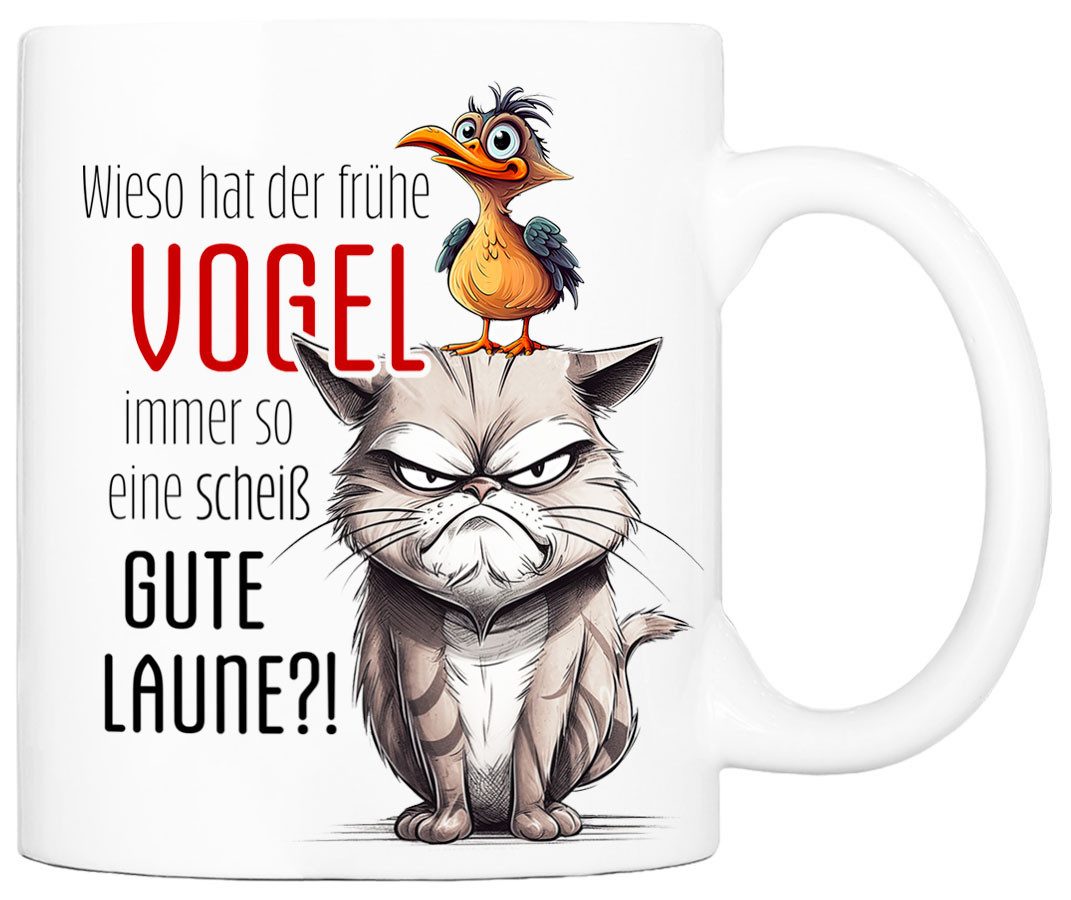 Cadouri Tasse mit Spruch DER FRÜHE VOGEL Kaffeetasse Büro Arbeit, Geschenk, Keramik, Kaffeebecher, Geschenkidee Arbeitskollege, lustig, Humor, 330 ml