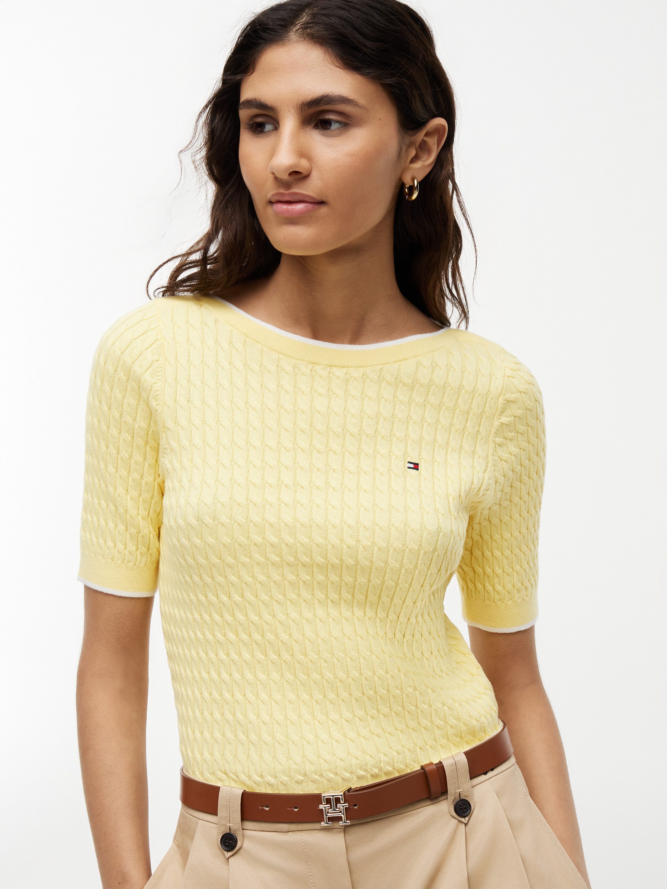 Tommy Hilfiger Kurzarmpullover FINE GG CABLE BOAT NK S/S Baumwolle, mit Zopfstrickmuster
