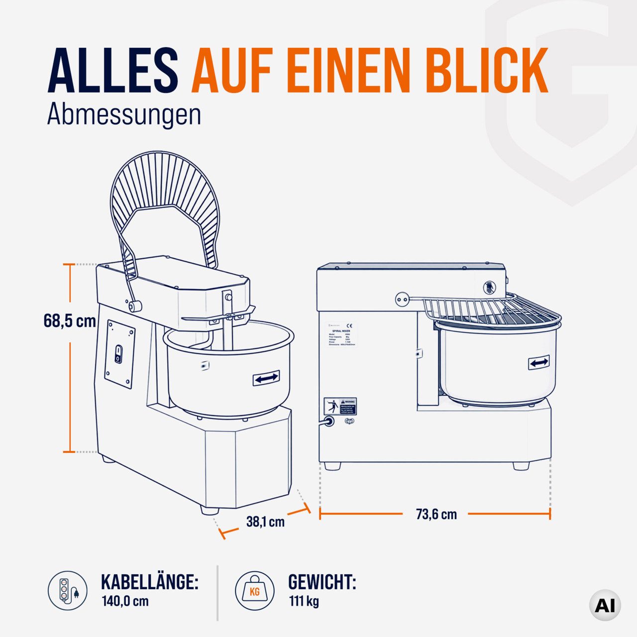 GastroHero Küchenmaschine Spiralteigknetmaschine ECO 20 Liter 230 V fester Kopf Edelstahl, 1100 W, 20 l Schüssel, Europäische Hygienevorschriften, robuster Teig – Bild 5 von 5