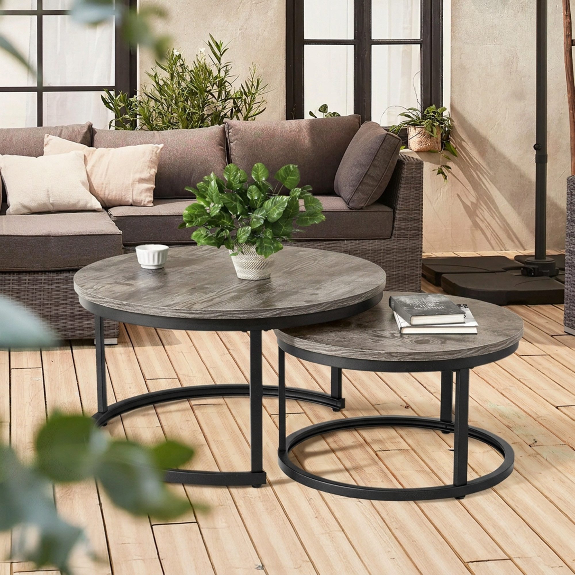 HawthyHome Couchtisch 2er-Set runde Beistelltische aus Holz & Metall, Grau (2-St), Das zweiteilige Set bietet flexible Nutzungsmöglichkeiten