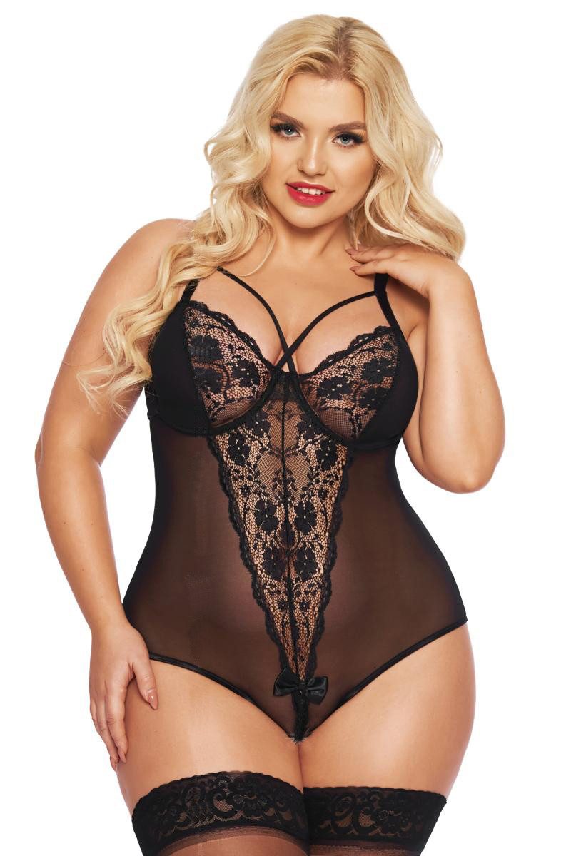 Stringbody Schwarzer XXL Dessous ouvert Body mit Bügel Plus Size transparent aus