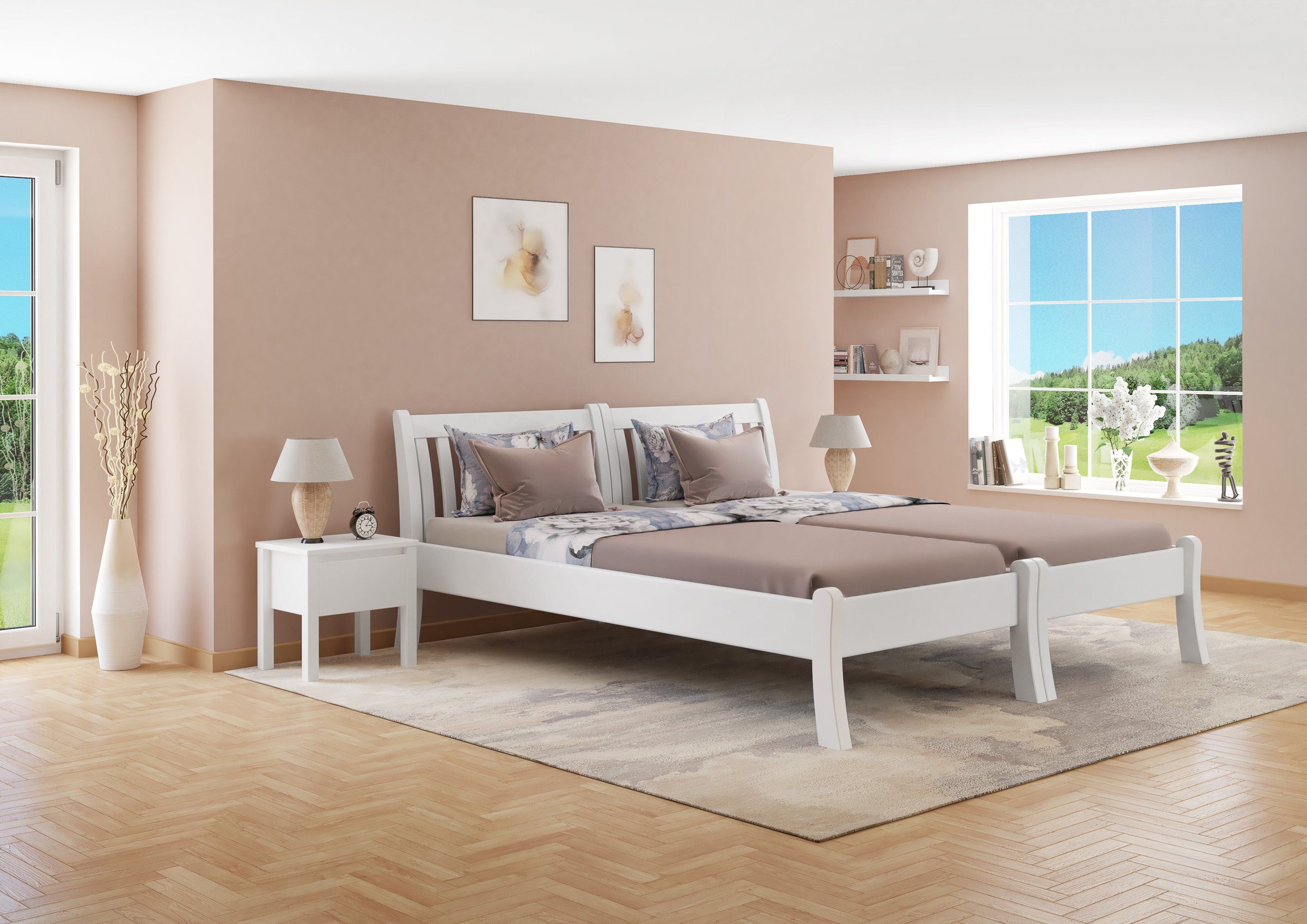 ERST-HOLZ Bett Weißes Kieferwaschweiß Einzelbett romantisches 90x200, hohe Sitzkante Kiefer massiv
