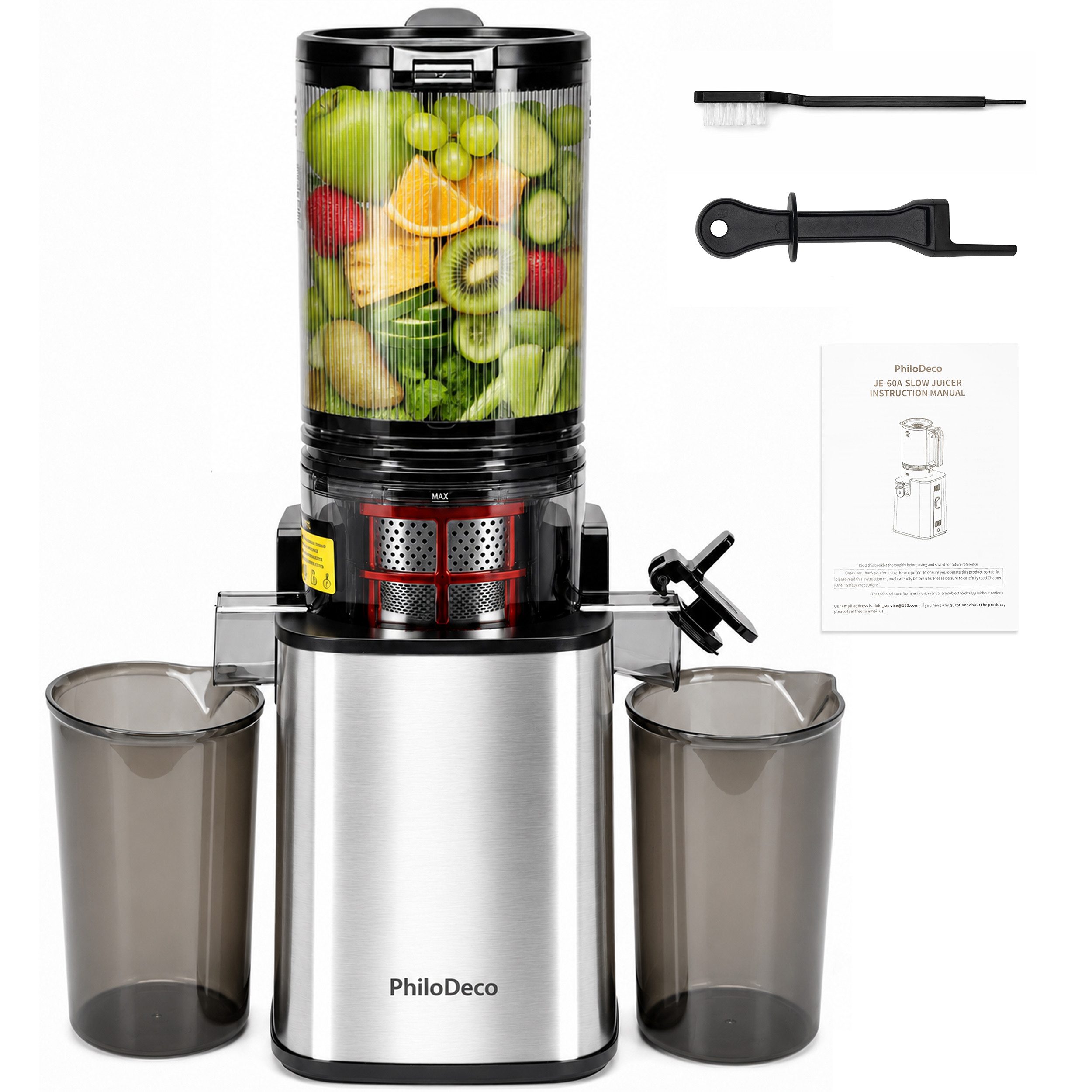 WHEELYOU Slow Juicer Entsafter mit 110-mm-XXL-Öffnung für ganze Früchte und Gemüse, 250 W, Kaltpress-Saftpresse mit Doppelsieb, 40 Nm und Rückwärtslauf