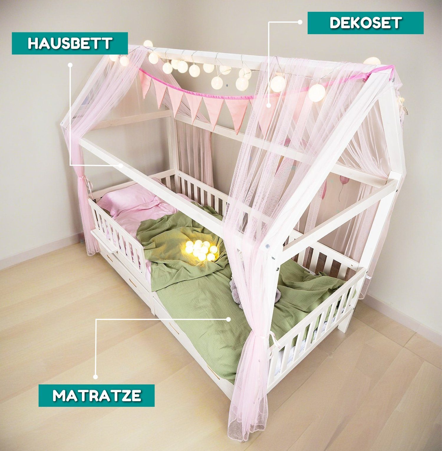 Alavya Home® Hausbett und Kiefernholz SET Deko Schubladen Rosa (Kinderbett und Schubladen, cm), Lattenrost, cm Rausfallschutz Schubkästen Rosa ohne ohne aus - - mit I und massivem mit Set Liegefläche Matratze, Matratze zertifizierter Jugendbett 200x90 inkl. Massivholzbett Dekoset KOMPLETT 90x200 FSC KOMPLETT CLOUD ohne Weiß