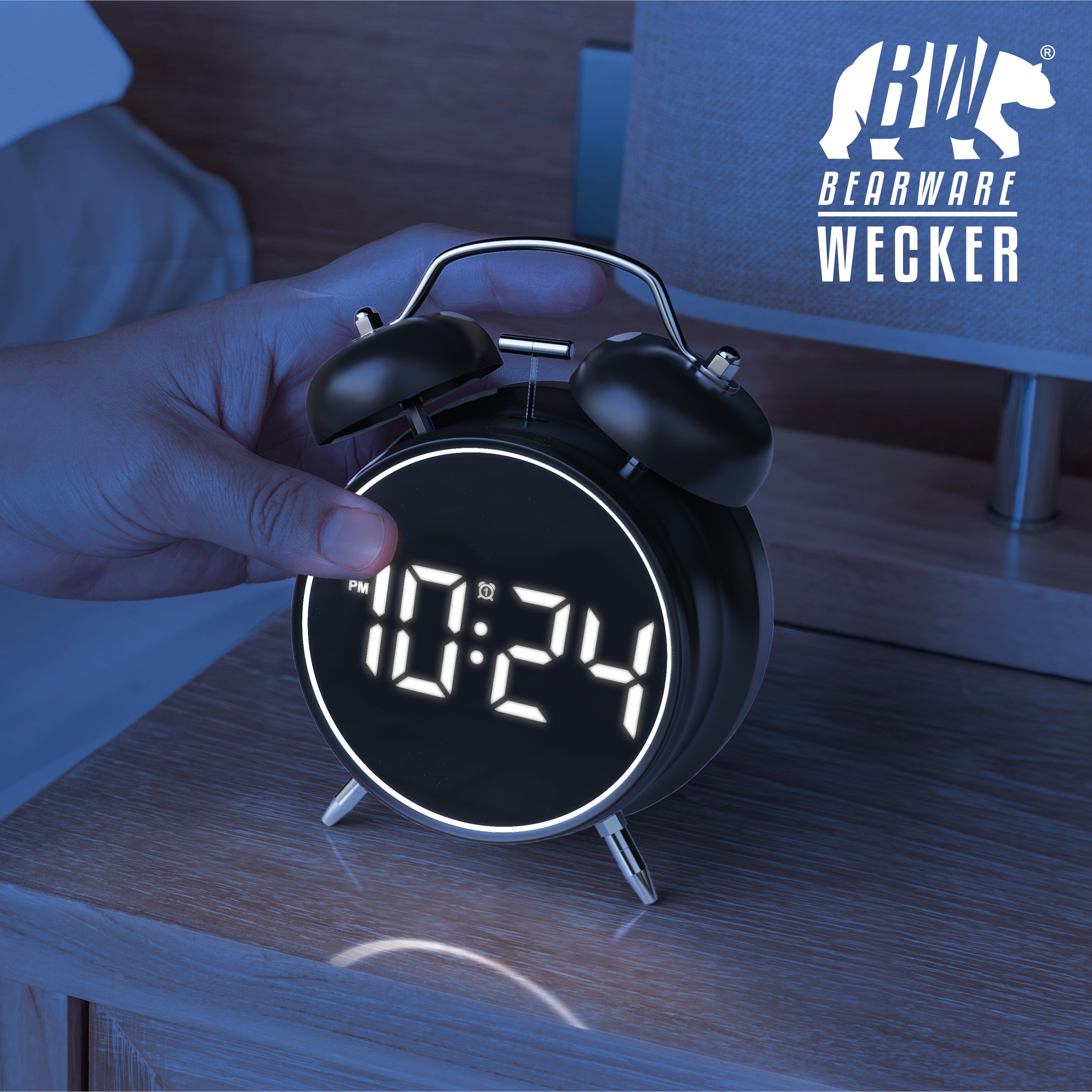 BEARWARE Wecker Digital, rund, Lichtring, Retro, lauter Glockenalarm für Tiefschläfer Einfache Bedienung, Zeit und Datum, Beleuchtet, ohne Ticken, Vintage