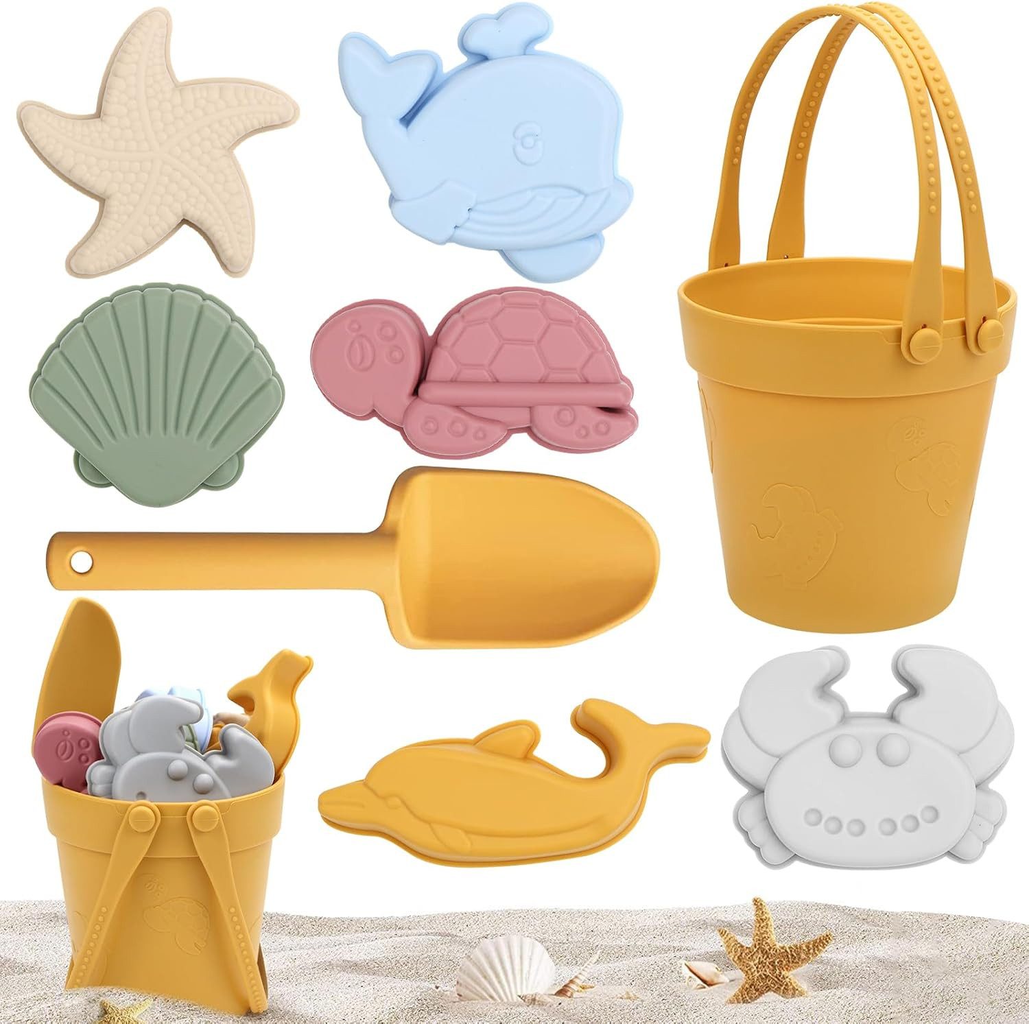 FOUORTUNATE-BEE Sandform-Set 8-tlg. Sandspielzeug-Set aus Silikon für Kinder mit Eimer und Schaufel, (8-tlg), Strandspielzeug für Kinder–Sandkasten-Spielset mit Eimer und Schaufel