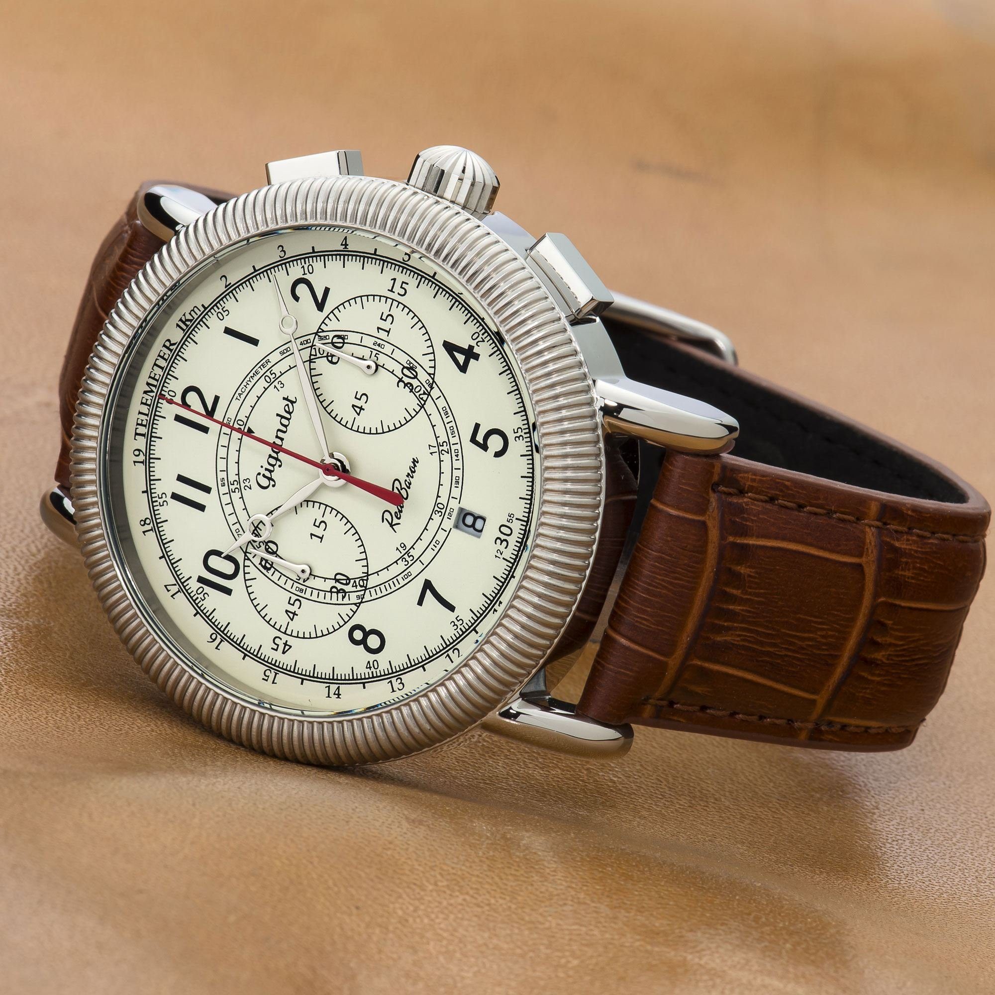 Gigandet Chronograph Armbanduhr, Herrenuhr, Fliegeruhr, 46mm, RED BARON IV G19-001, Mineralglas, Datumsanzeige, Lederband, 10bar/100m wasserdicht