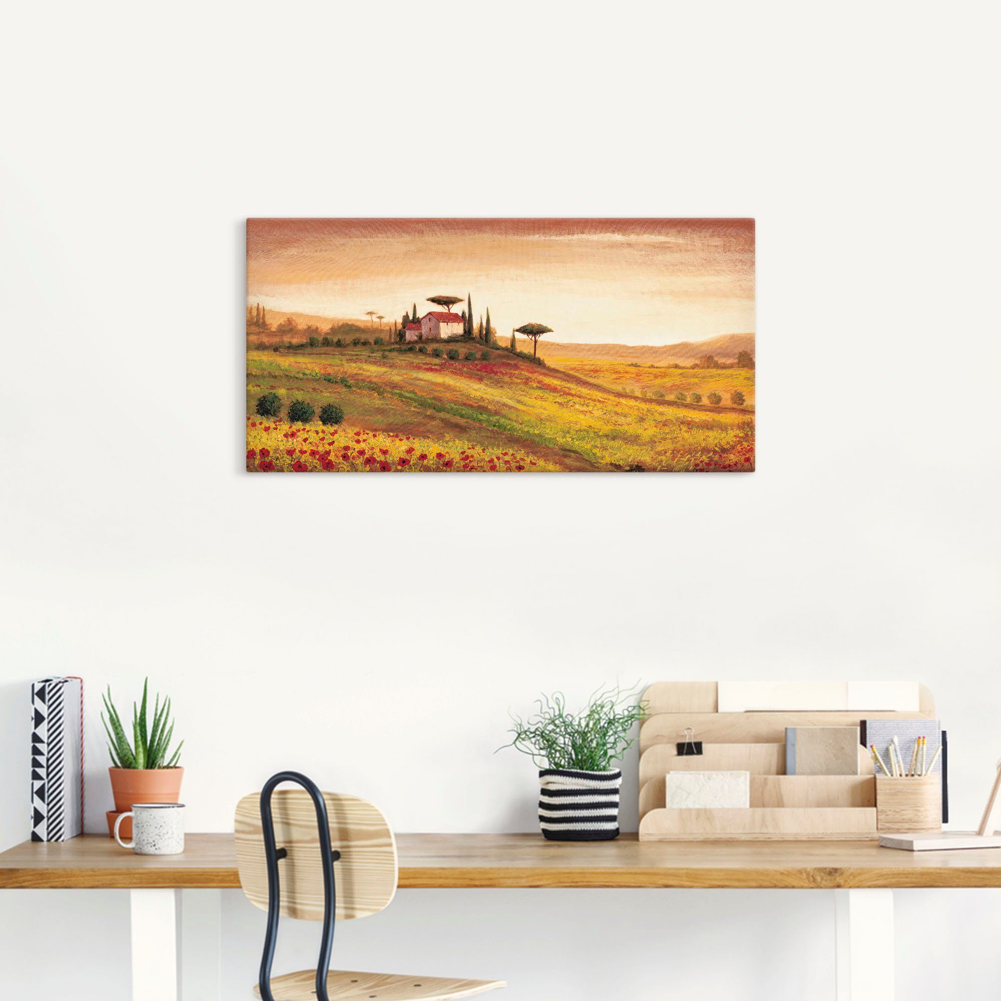 Artland Leinwandbild Toskanalandschaft mit Mohnblumen, Europa (1 St), auf Holzrahmen gespannt