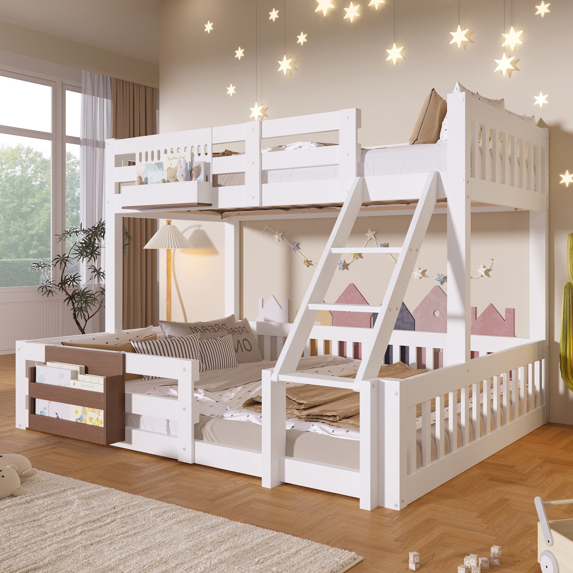 Flieks Etagenbett, Kinderbett 90/140x200cm mit Staufächer & Leiter & Sicherheitsgitter