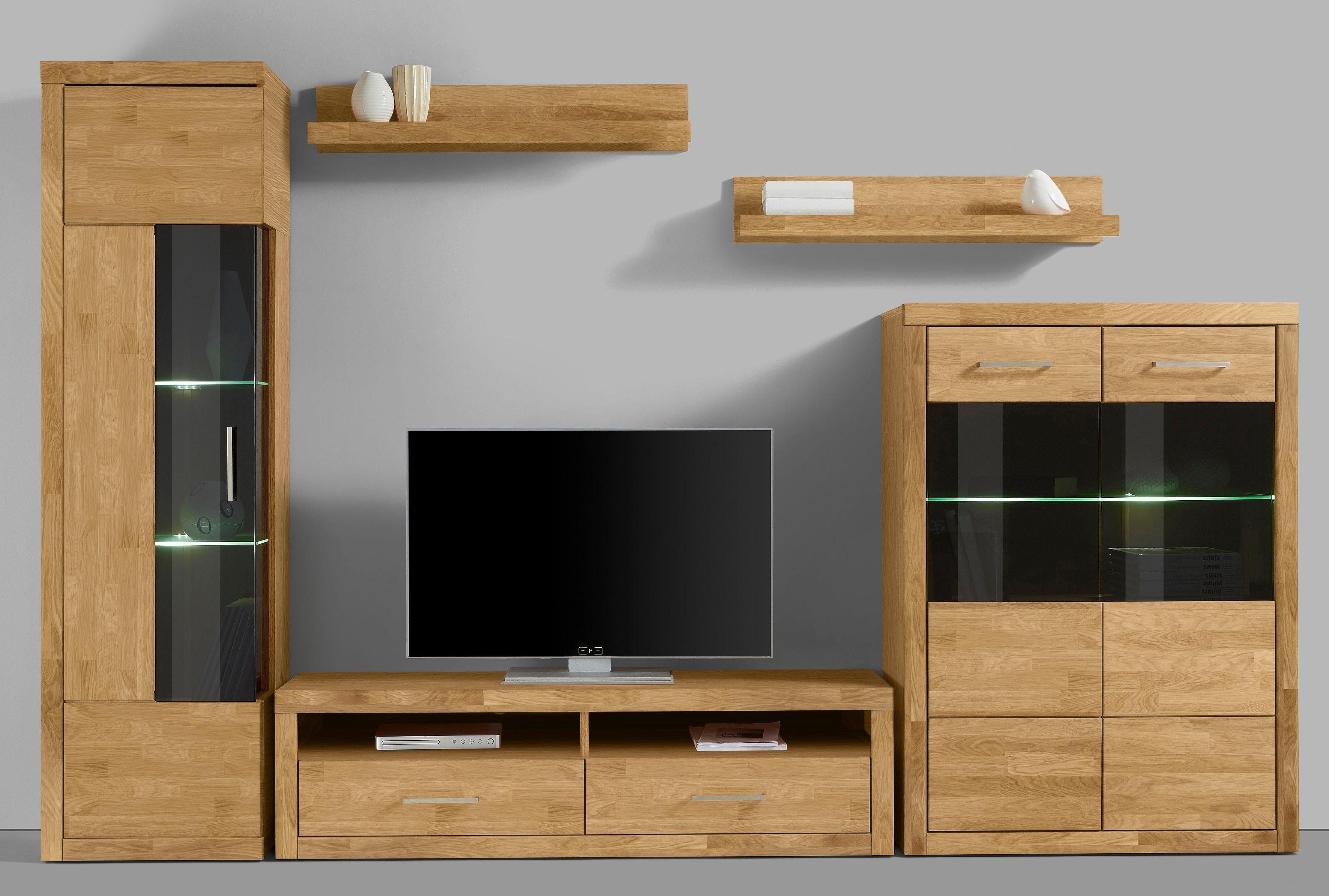 OTTO home Wohnwand Ribe: 5teilig, Breite: 280cm,Fronten aus Massivholz,Korpus aus Melamin, (Set, 5-St), Glaseinsatz aus gehärtetem Glas, Einlegeböden teilweise verstellbar