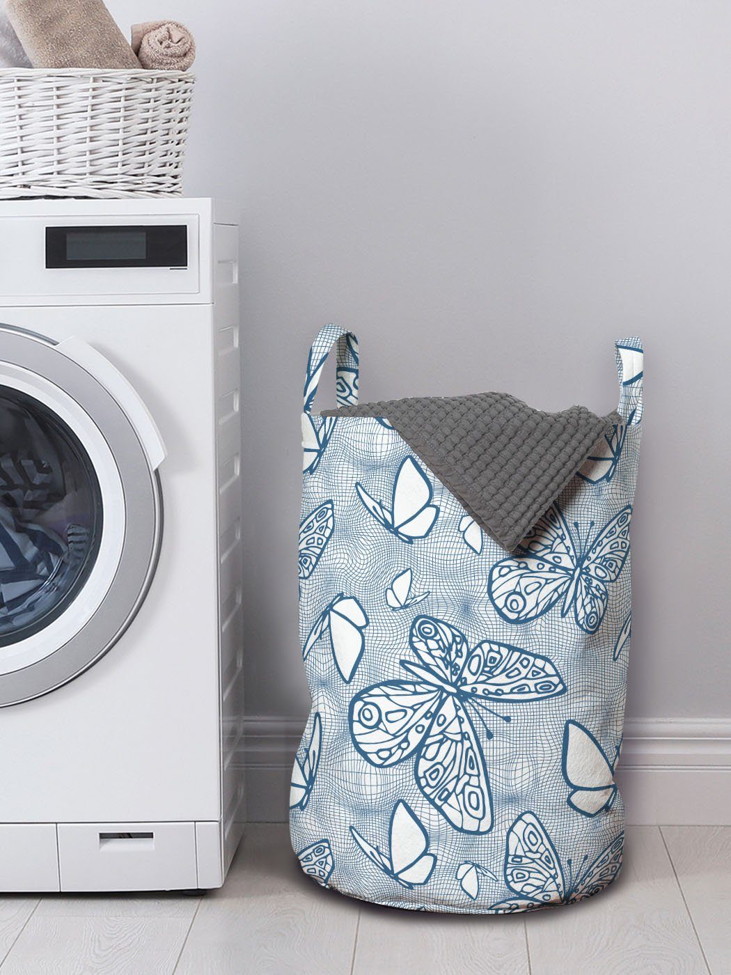 Abakuhaus Wäschesäckchen Wäschekorb Kordelzugverschluss Blau Waschsalons, Schmetterlinge weiß und mit für Griffen Doodle