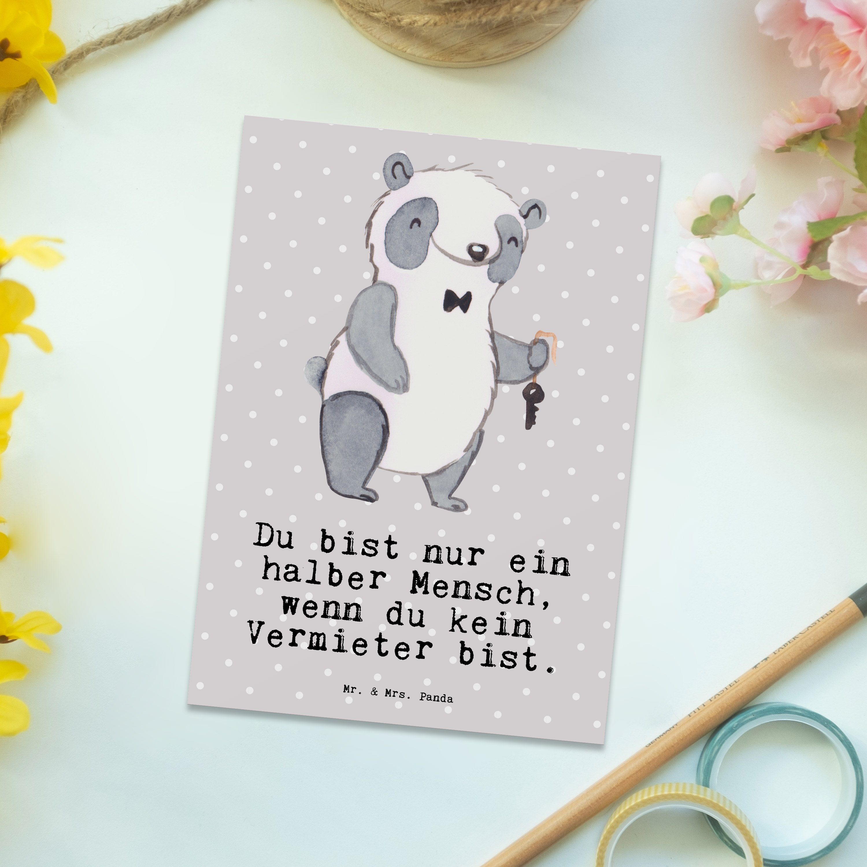 - - Postkarte Mr. Vermieter Panda & Geschenkkarte, Grau mit Pastell Geschenk, Mrs. Herz Dankesch