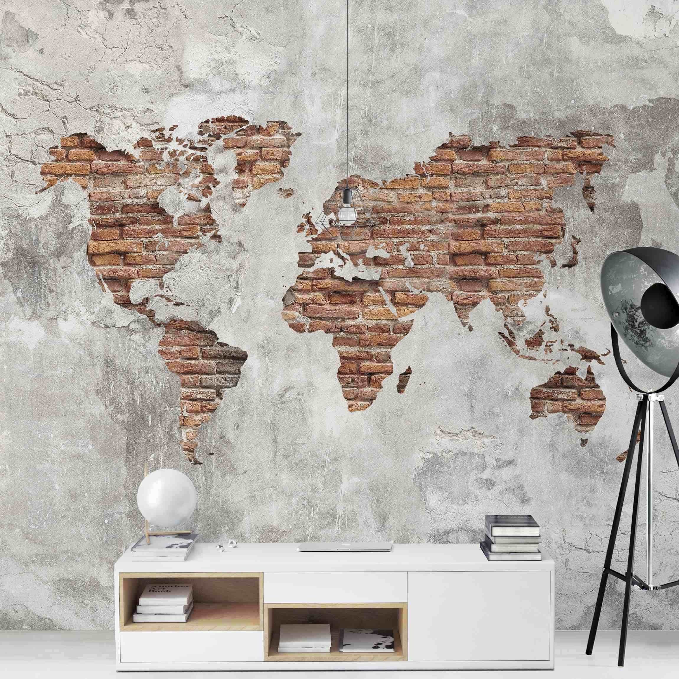 Bilderdepot24 Fototapete Weltkarte Shabby Beton Backstein Optik 3D-Effekt Industrial Wanddeko, Glatt, Matt, (Vliestapete inkl. Kleister oder selbstklebend), Wohnzimmer Schlafzimmer Küche Flur Motivtapete Vliestapete Wandtapete