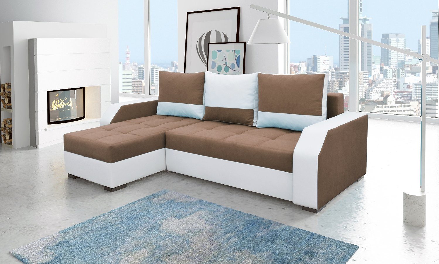 JVmoebel Ecksofa, Design Ecksofa Bettfunktion Couch Leder Textil Polster Sofas Couchen Hellgrau / Weiß